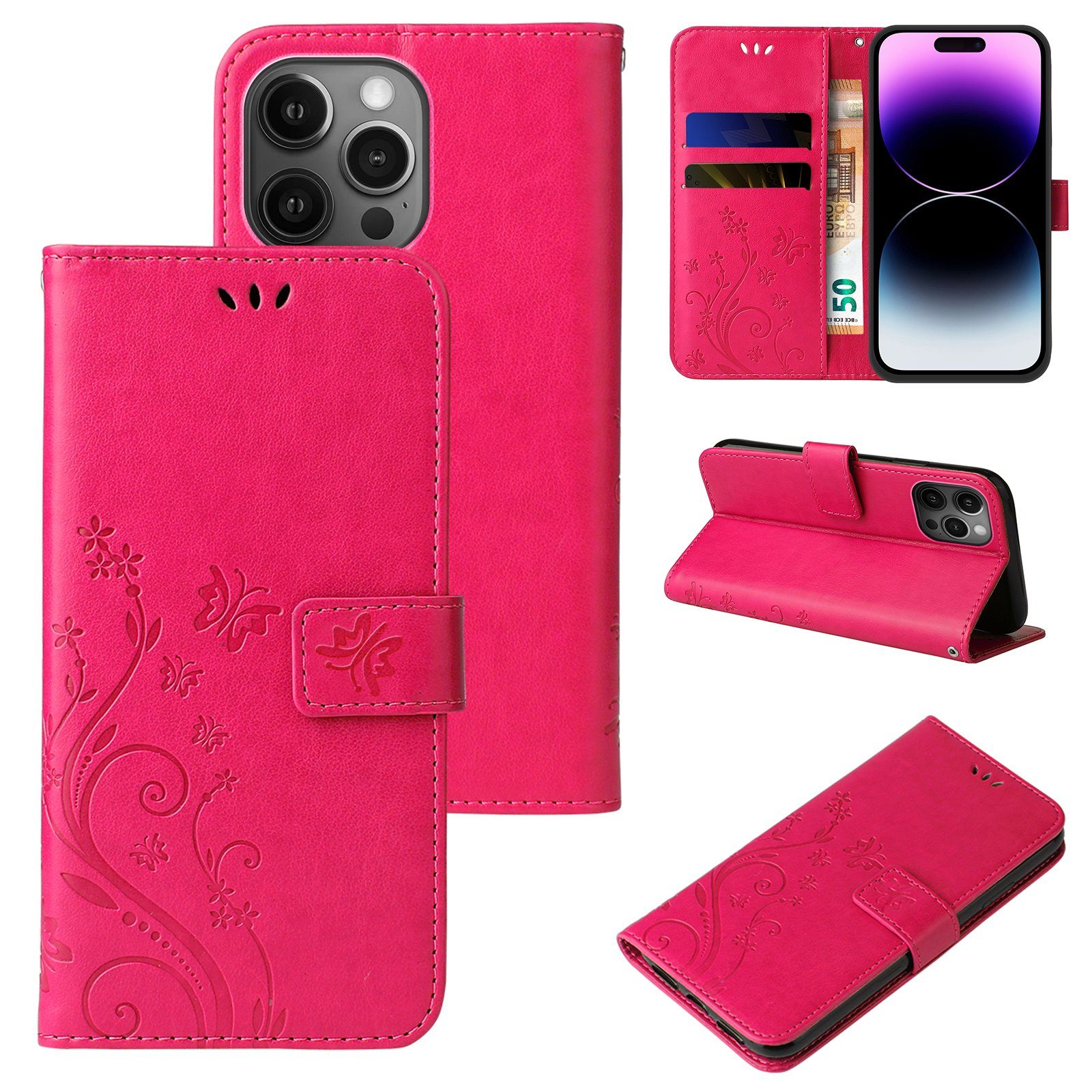 Tec-Expert Handyhülle Cover Tasche Hülle für Apple iPhone 14 Pro 6,1 Zoll, Klapphülle Case mit Kartenfach Fliphülle aufstellbar, Motiv Blumen