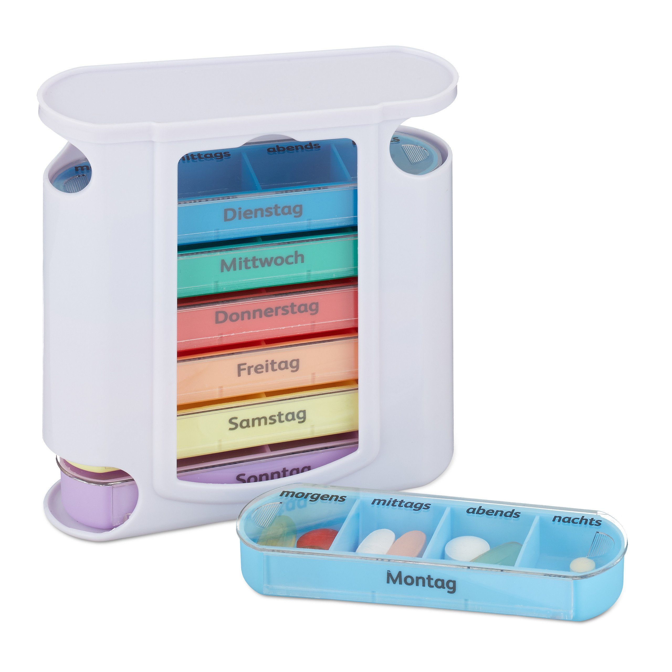 relaxdays Pillendose 7 Tage 4 Fächer (7 St), Weiß-Bunt