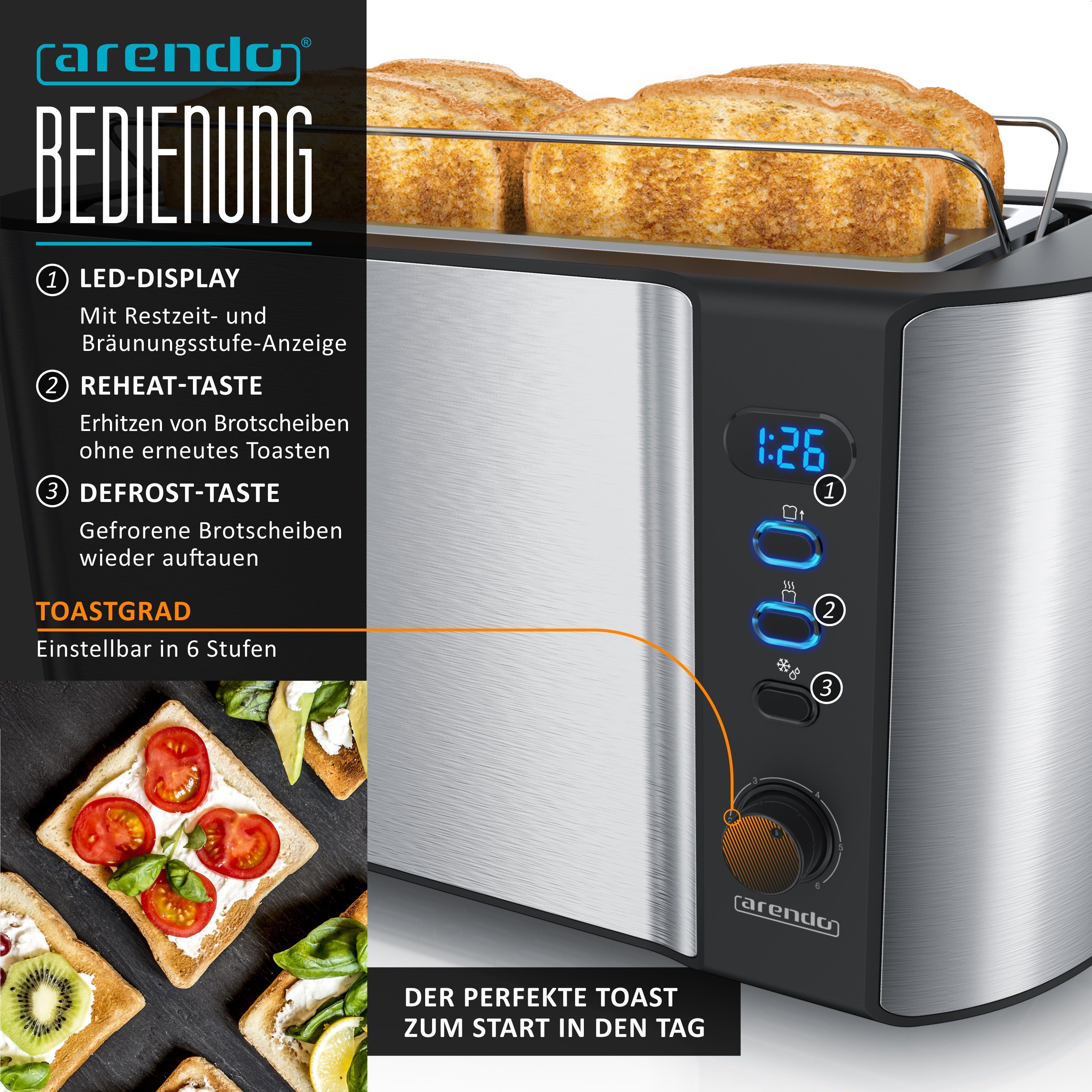 Arendo Frühstücks-Set Wasserkocher 1,5l, 4-Scheiben Toaster, 6er Eierkocher, Silber (3-tlg), Edelstahl, BPA-frei, GS-geprüfte Sicherheit, fürs Familienfrühstück – Bild 4 von 5