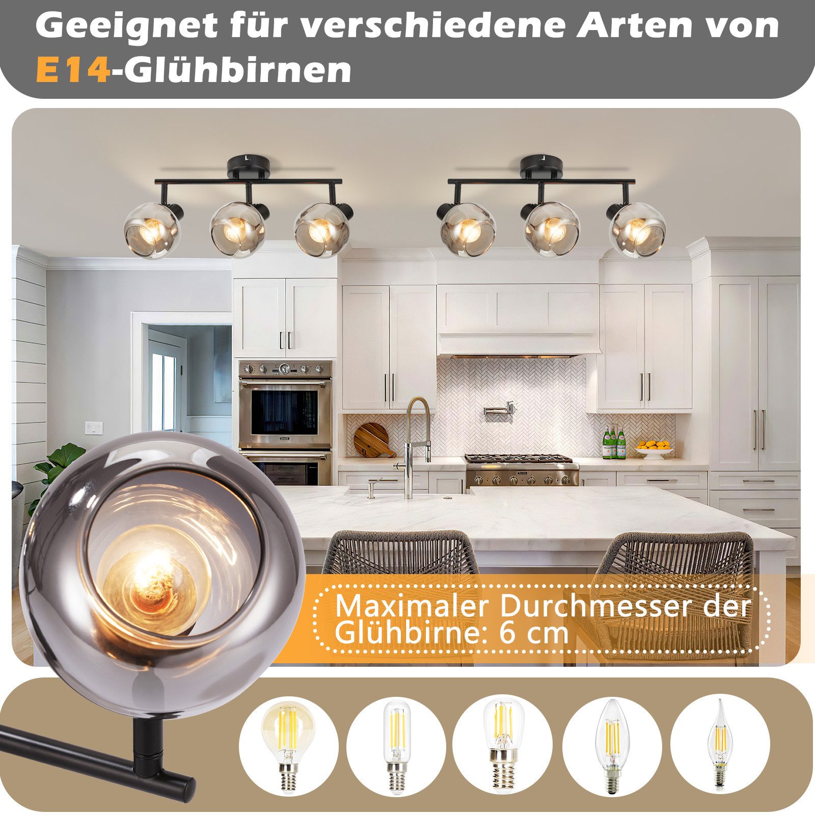 ZMH Deckenleuchte Wohnzimmer 350° Drehbar Rauchgrau Glas Retro Flurlampe für Küche, Vertikale Drehung: 90 Grad, ohne Leuchtmittel