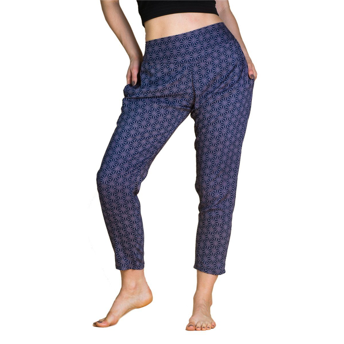 Baumwolle oder PANASIAM Damenhose bequeme japanischen Asanoha heiliger geometrix blau Stoffhose bedruckt Carrot 100% Pants Geometrie mit Sommerhose Mustern aus