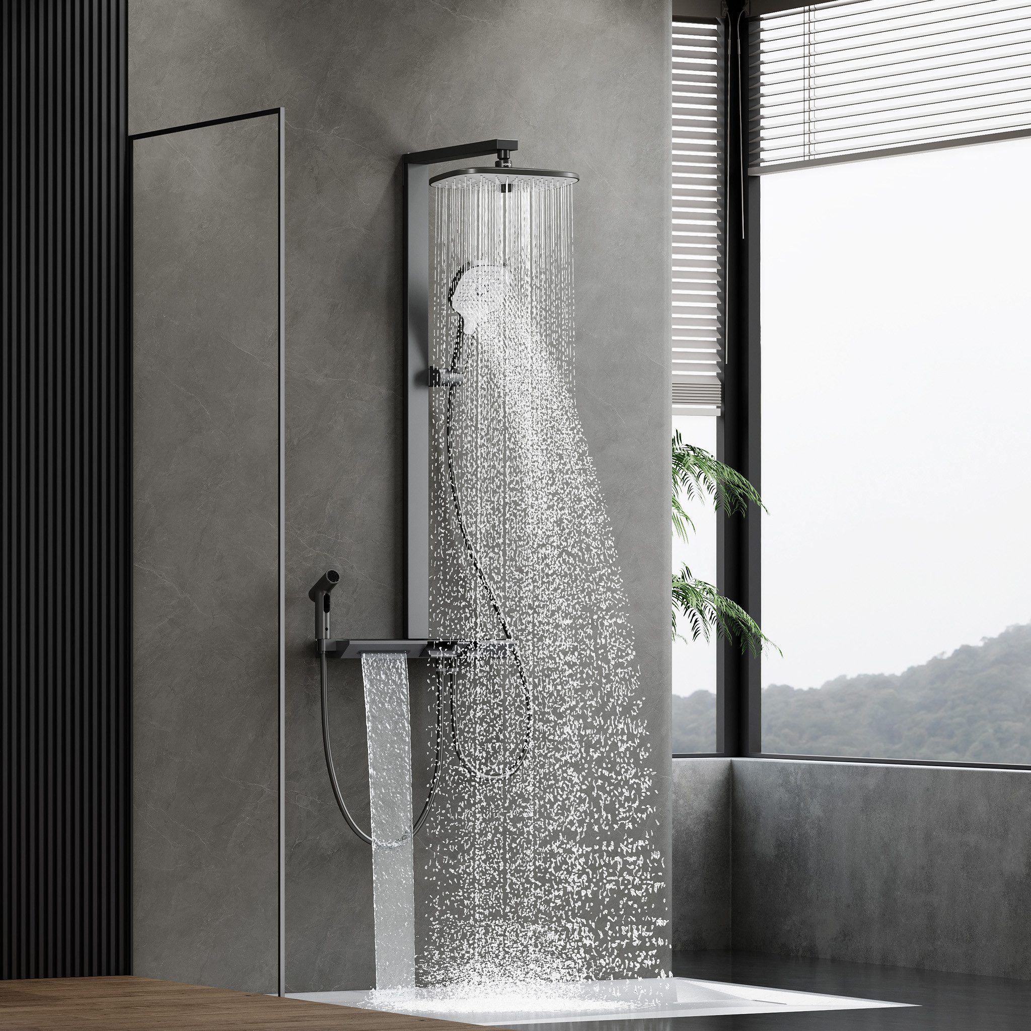 HOROW Duschsystem mit Thermostat Regendusche Duschset mit Ablage und Kopfbrause, 3 Strahlart(en), Regendusche Set, Hohenverstellbar, mit Spritzbrause, Piano-Tasten, Chrom/Felsgrau
