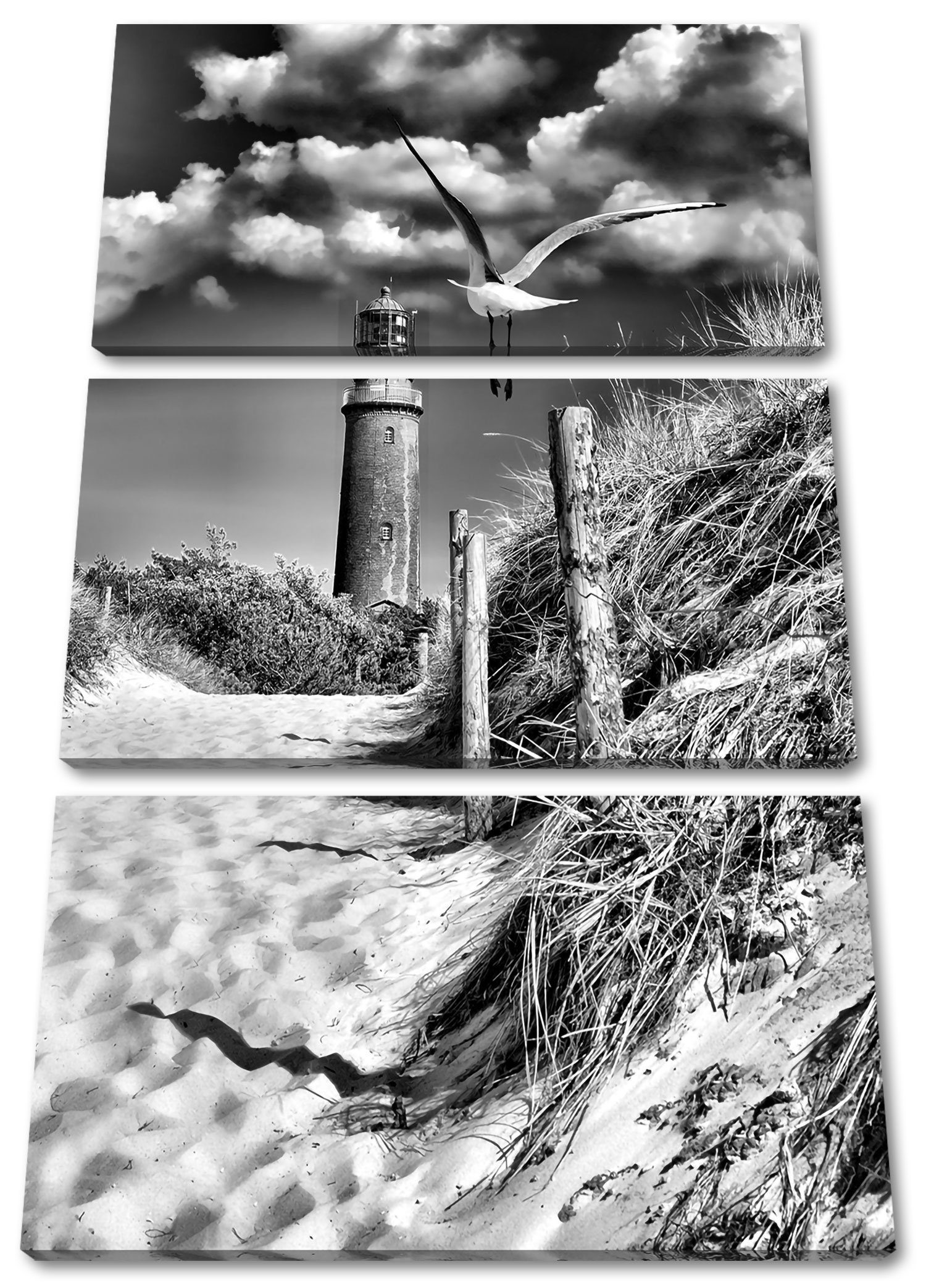 Pixxprint Leinwandbild Schöner Leuchtturm am Schöner bespannt, Strand (120x80cm) inkl. Leinwandbild fertig (1 Strand, Leuchtturm Zackenaufhänger St), 3Teiler am