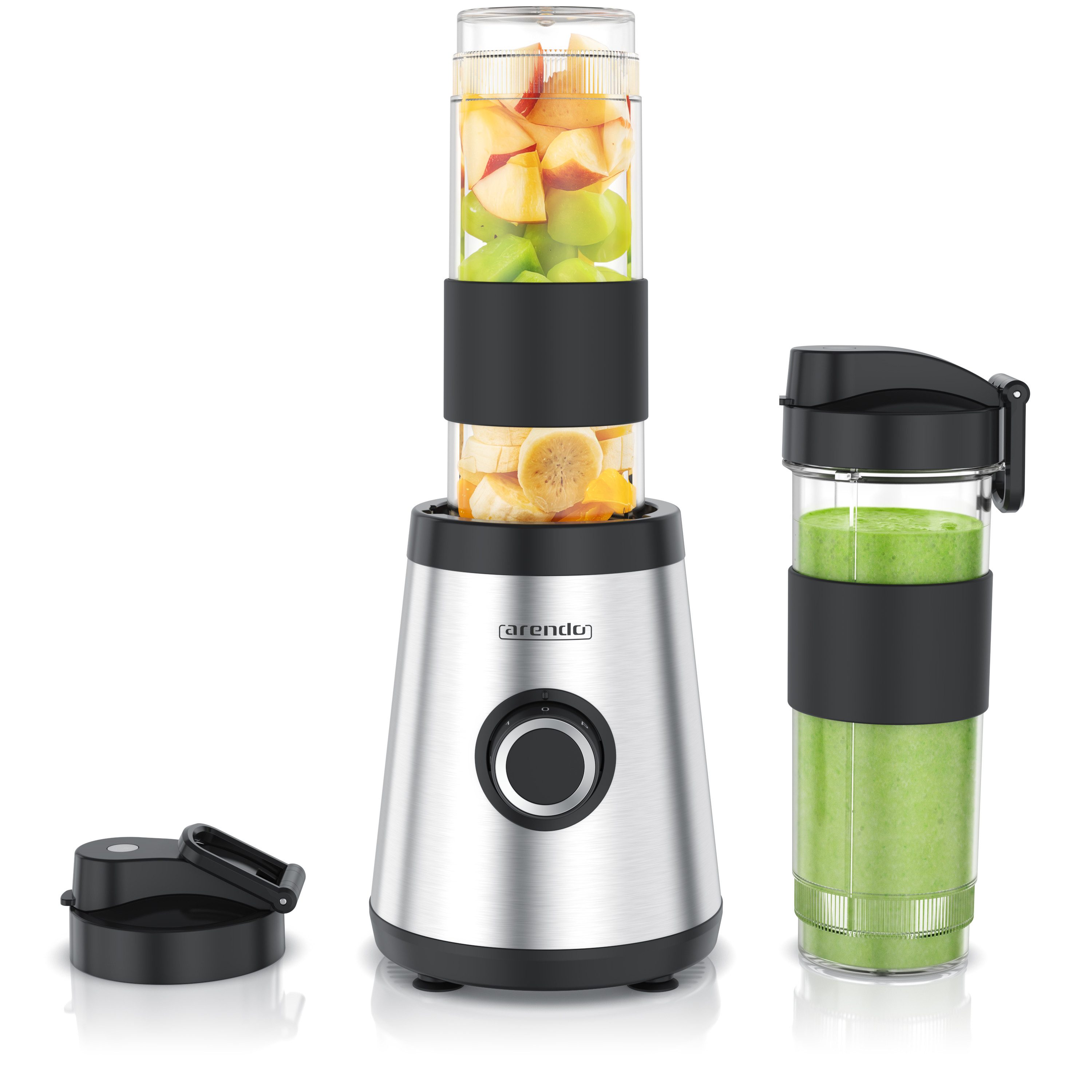 Arendo Standmixer Smoothie Maker. inklusive zwei Becher je 570ml, Edelstahl Klingen, 500 W, BPA-frei, 2 To-Go-Becher, 4 SUS301-Klingen, Smoothiemaker