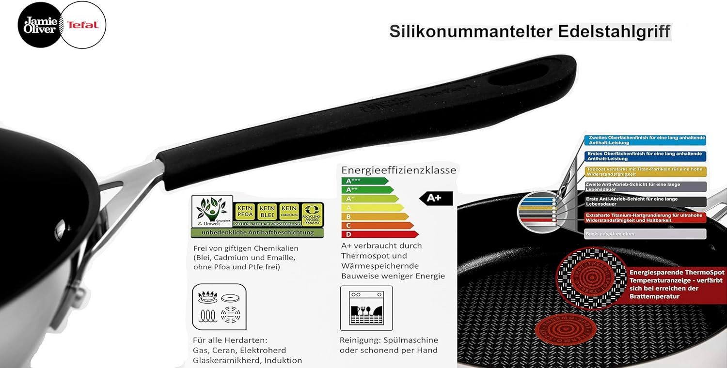 Tefal Schmorpfanne Jamie Oliver E30 Schmorpfanne mit Deckel 25cm alle Herdarten Induktion, Edelstahl 18/10 (Pfanne, Bratpfannen Set, Pfannenset, Wok, Wokpfanne, Schmorpfanne, Pfannen), Ohne Fett