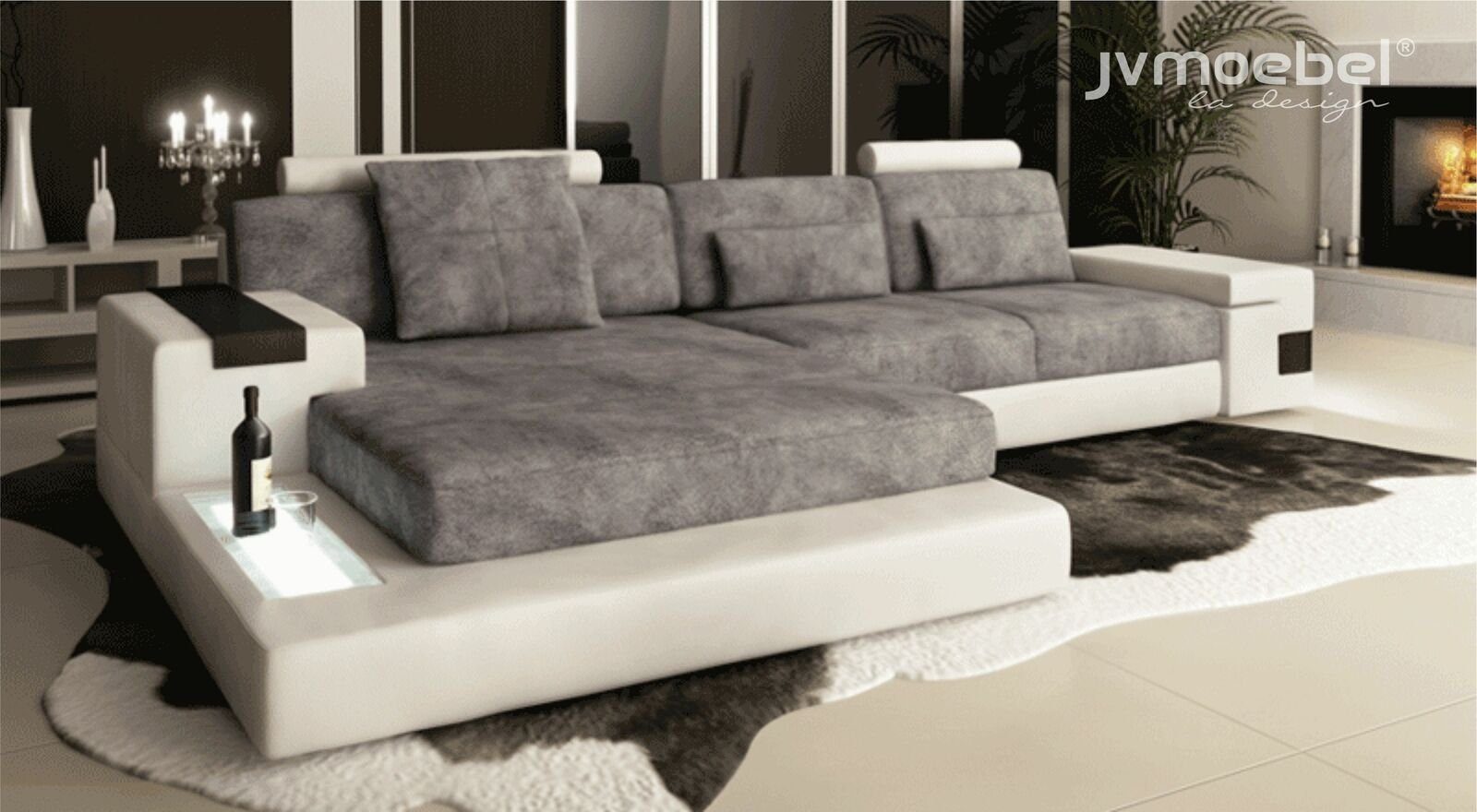 JVmoebel Ecksofa Ecksofa Wohnzimmer L-Form Polster Sofa TextilLeder Design, Made in Europe Grau/Weiß