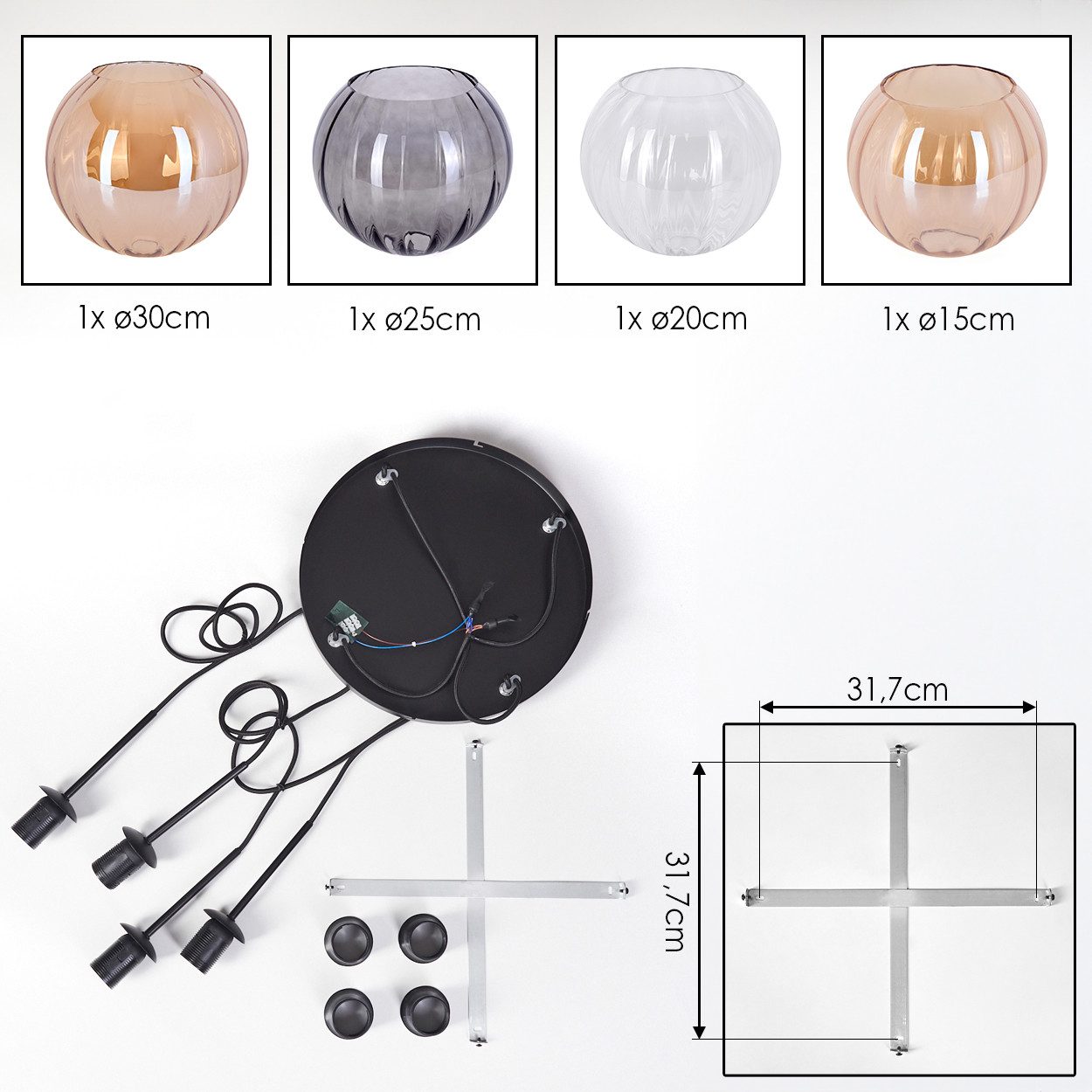 hofstein Hängeleuchte Hängelampe aus Metall/Riffelglas in Schwarz/Bernstein/Rauch/Klar, ohne Leuchtmittel, Pendelleuchte im Vintage-Design (Schirme Ø 15; 20; 25; 30 cm), 4 x E27
