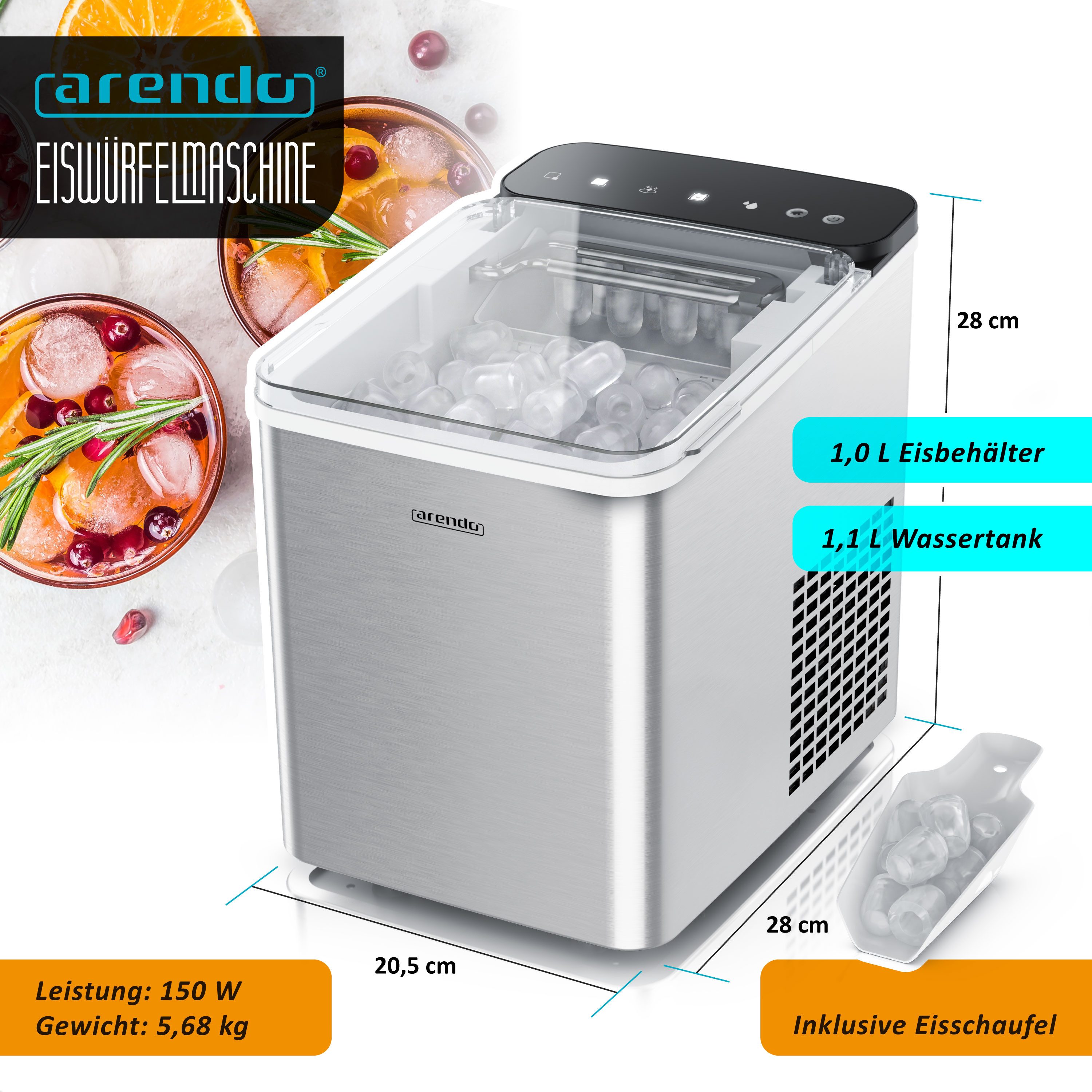 Arendo Eiswürfelmaschine Ice Maker Eiswürfelbereiter, max. 12kg Eiswürfe pro Tag, 1,1L Behälter, Automatische Abschaltung, Sichtfenster, Clean-Funktion, Warnfunktion