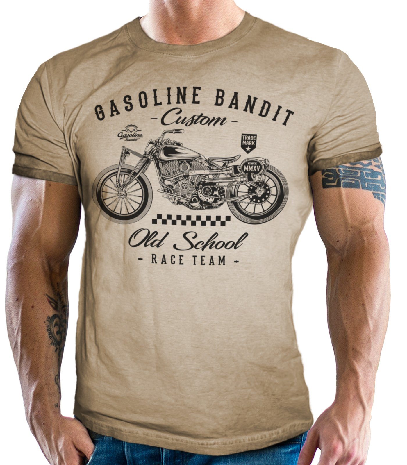 und School für GASOLINE Old - Biker BANDIT® Fans Sand Race Team Washed Motorrad Custom T-Shirt