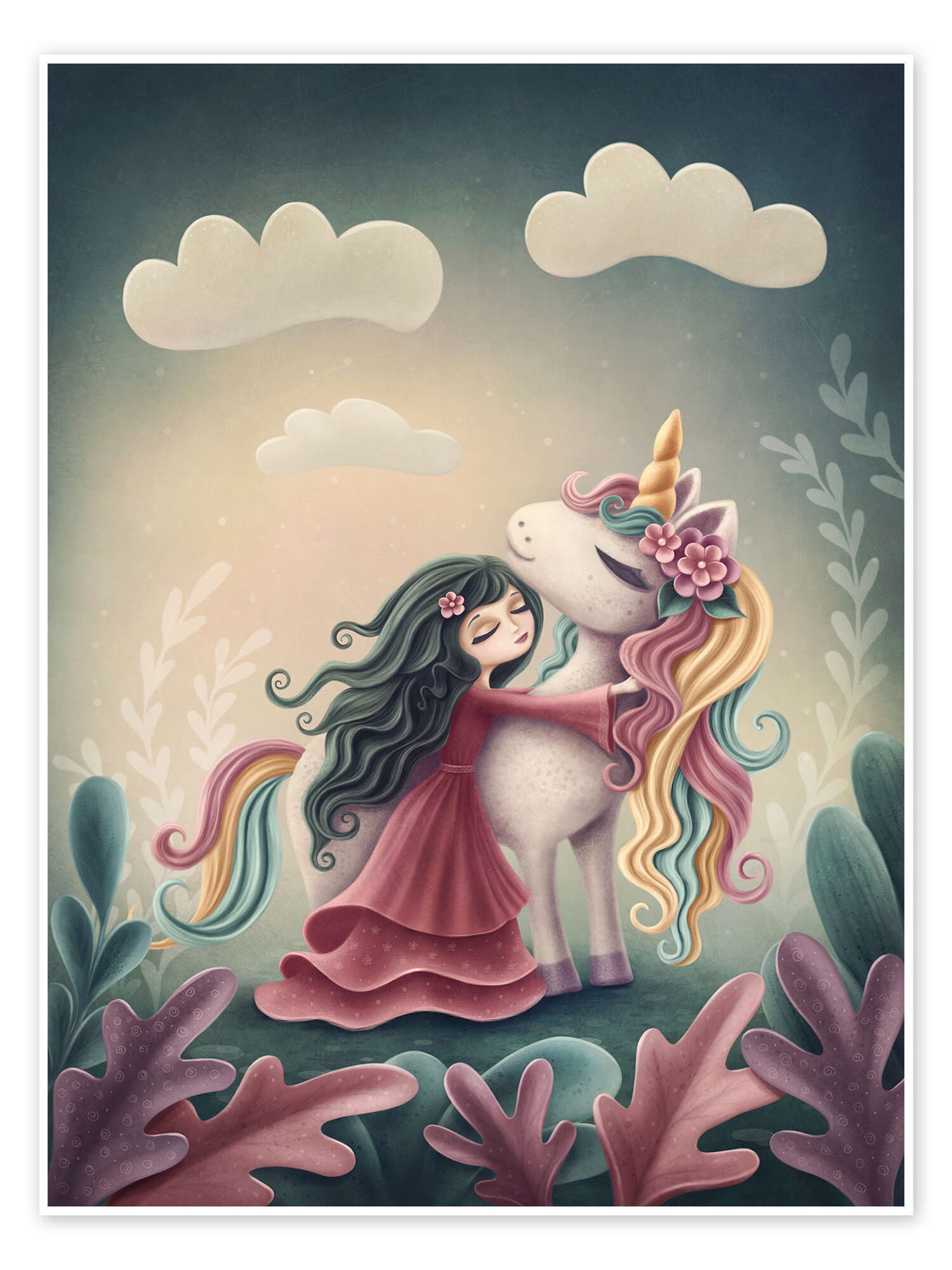 Posterlounge Wandbild Einhorn mit kleinem Mädchen, Elena Schweitzer, erhältlich als Poster, Leinwandbild, Wandsticker oder Acrylglasbild