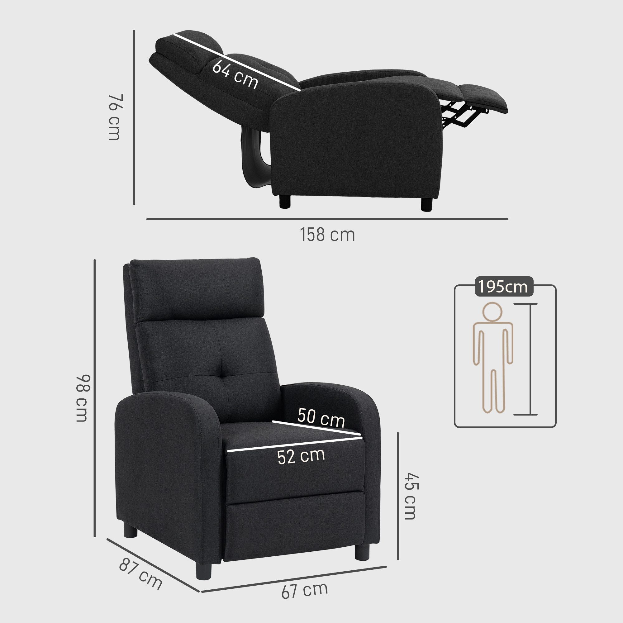 HOMCOM Relaxsessel Liegesessel mit Leinenoptik und Taschenfederkern, Ruhesessel (TV-Sessel, 1-St., Fernsehsessel mit Liegefunktion), bis 150 kg belastbar für Wohnzimmer, Schwarz
