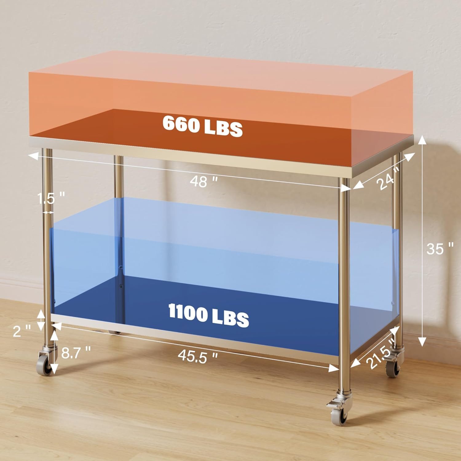 GarveeMore Arbeitstisch (4 Rädern, Verstellbares Regal), 150 kg Tragkraft