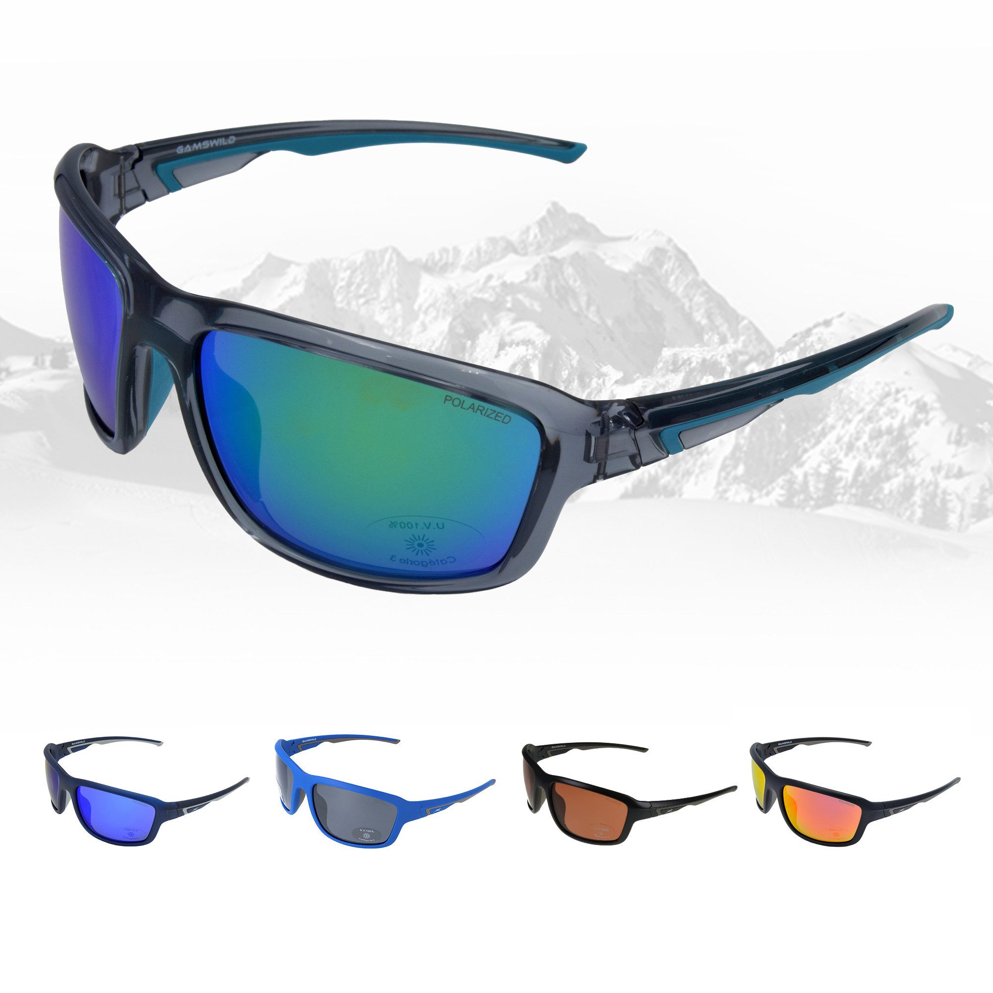 Gamswild Sportbrille UV400 Sonnenbrille Skibrille Fahrradbrille TR90 Damen Herren, Modell WS7536 blau, blau-grau, grün-türkis, pink-orange, schwarz-braun