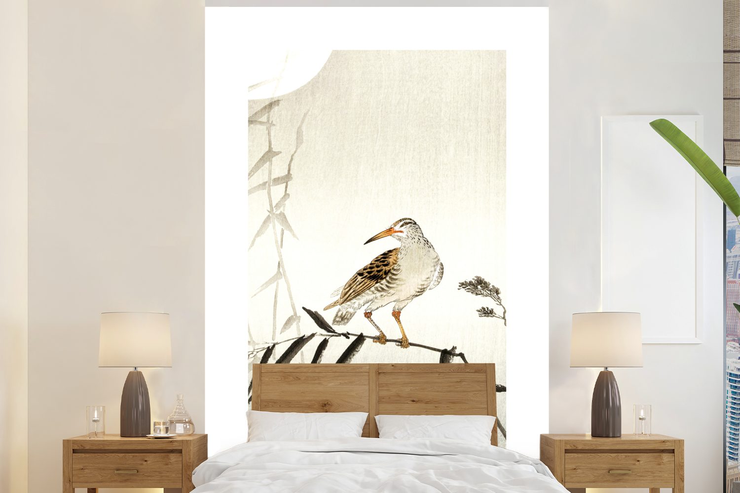 Skandinavisch, bedruckt, - Blätter - MuchoWow Vogel Fototapete Wohnzimmer, (3 St), Japan für Tapete Wandtapete Matt, Montagefertig Vinyl -