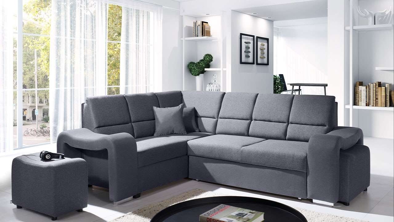 MKS MÖBEL Ecksofa AKIWA, Wohnlandschaft - L-Form Couch mit Schlaffunktion, 2 Hocker Grau