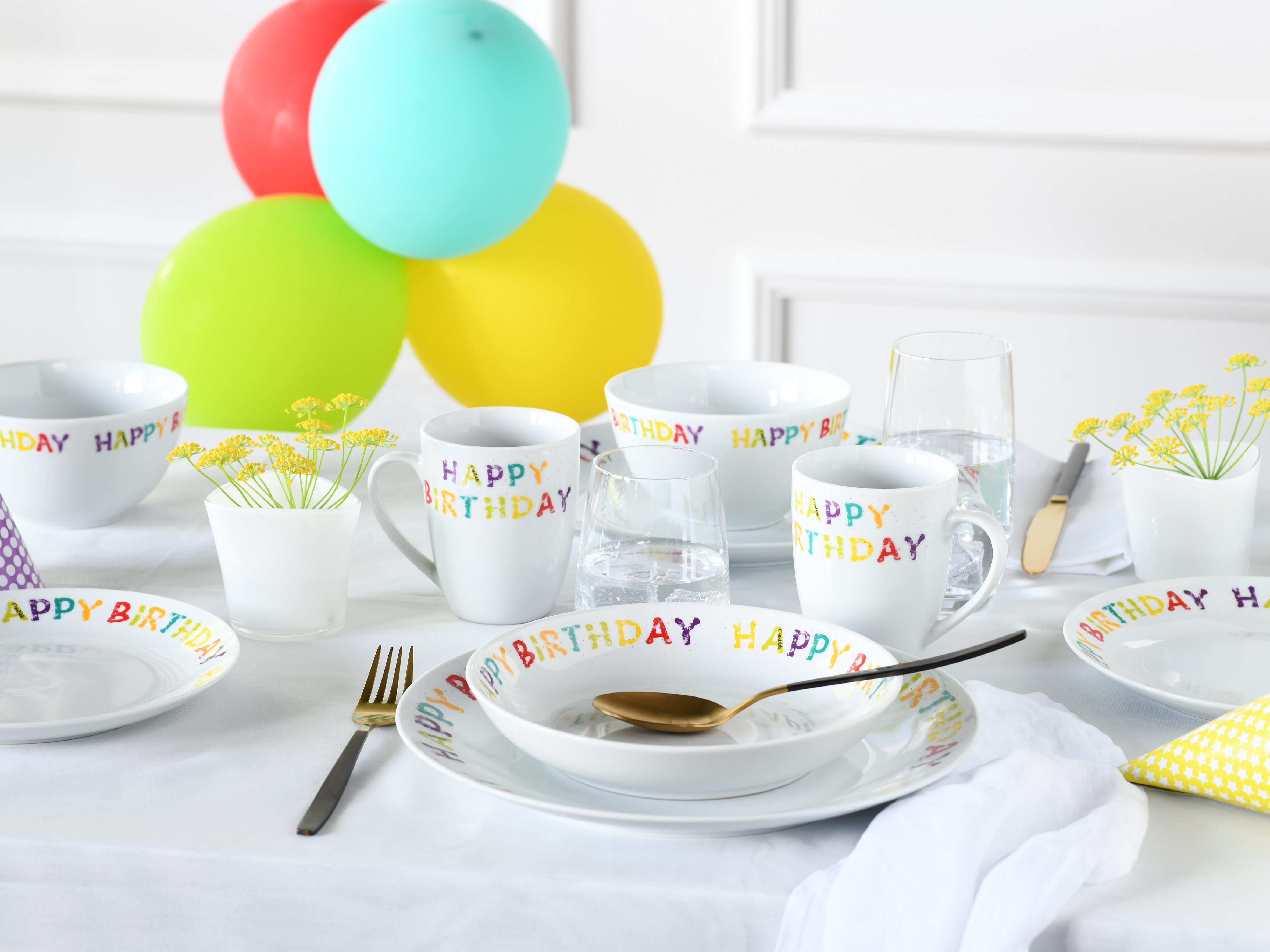 CreaTable Kombiservice Happy Birthday, Kombi-Service 10-tlg. (10-tlg), 2 Personen, Porzellan, Fröhliches buntes Geschirr, Für alle Geburtstagsfeierlichkeiten