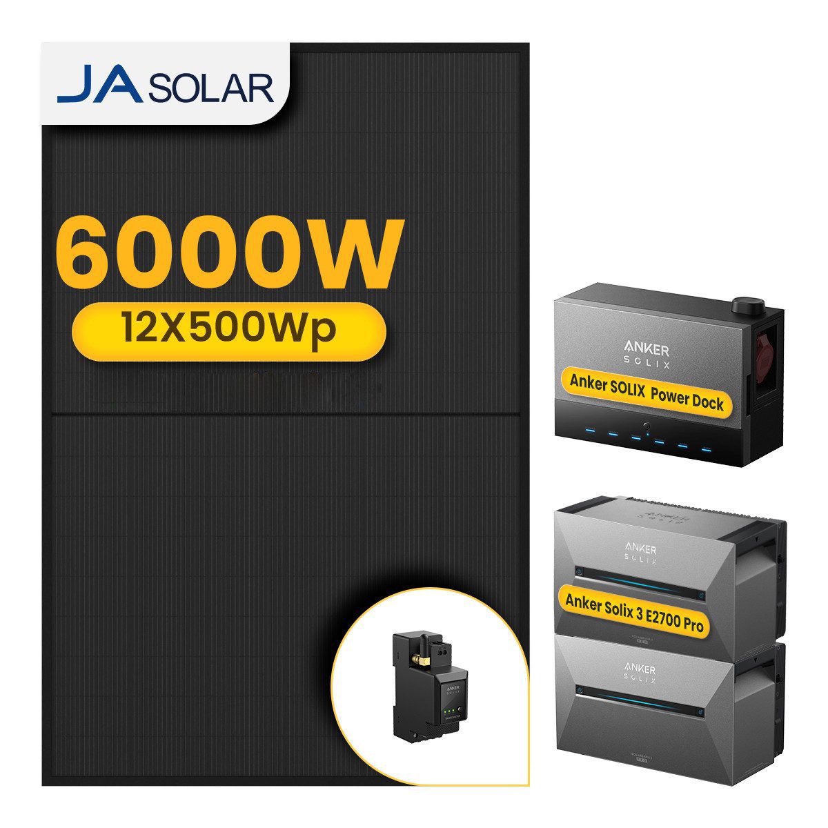 Anker Balkonkraftwerk 6000W Anker SOLIX Solarbank Power Dock mit Solarbank 3 Pro Speicher, (Power Dock und 12x JASolar 500Wp Solarmodule im Lieferumfang enthalten), Speicher mit integriertem Wechselrichter, All-in-One 2,68kWh Akku