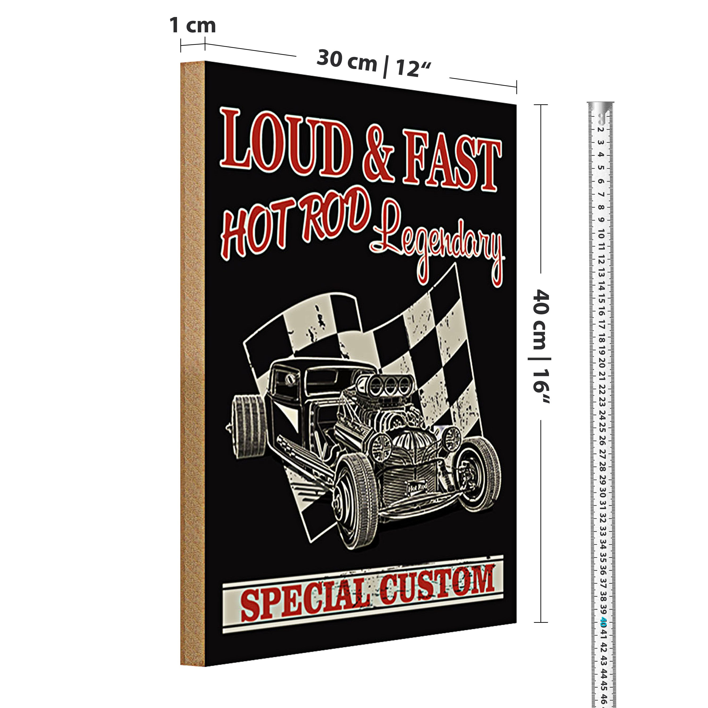 Roomando Holzbild Auto 30x40cm loud & fast hot rod legendary