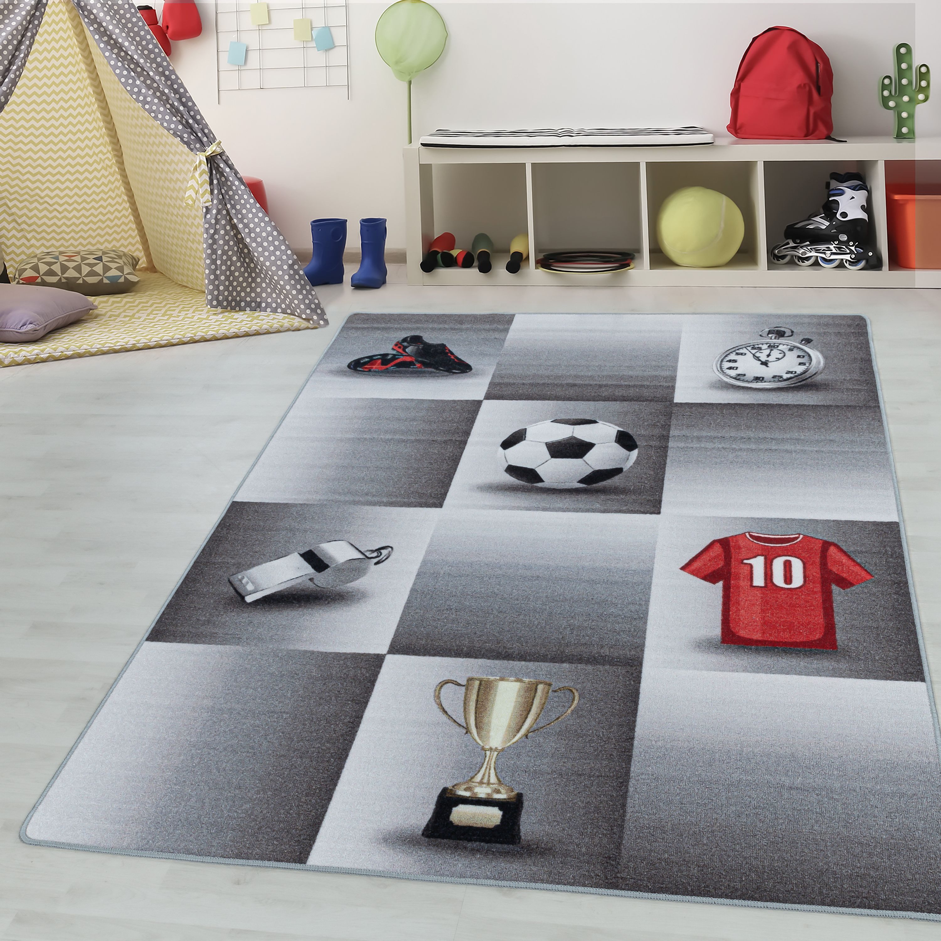 Teppium Teppich Fußball-Design, Rechteckig, Höhe: 7 mm, Kinderteppich Fußball-Design Teppich Kinderzimmer Rutschfest Waschbar