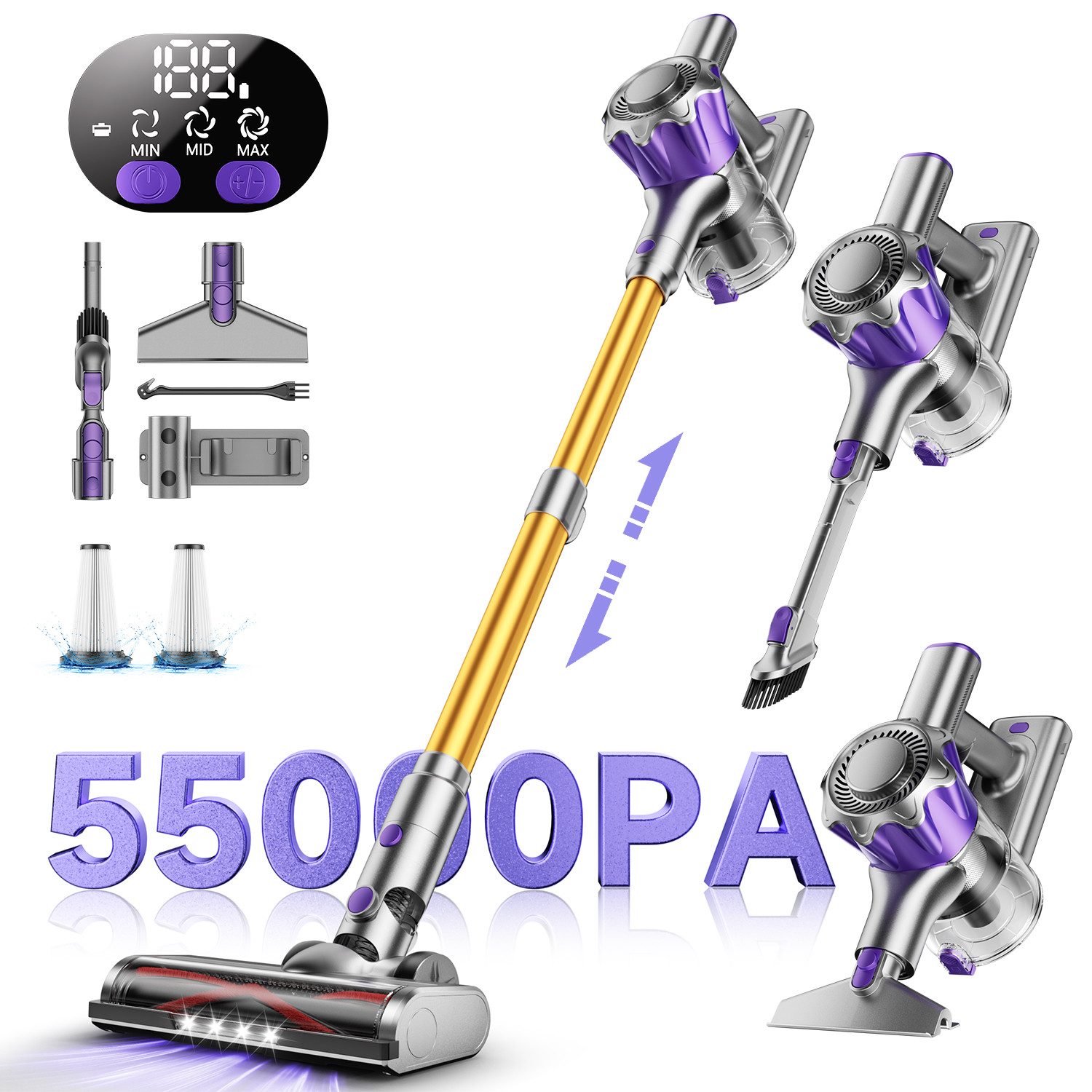AeroAxis Akku-Stielstaubsauger 55000Pa Akku Staubsauger 500W/ 50Min/1,5L/3 in 1 Staubsauger Kabellos, Anti-Tangle Bodenbürste, Staubsauger für Tierhaare,Teppich, Hartboden
