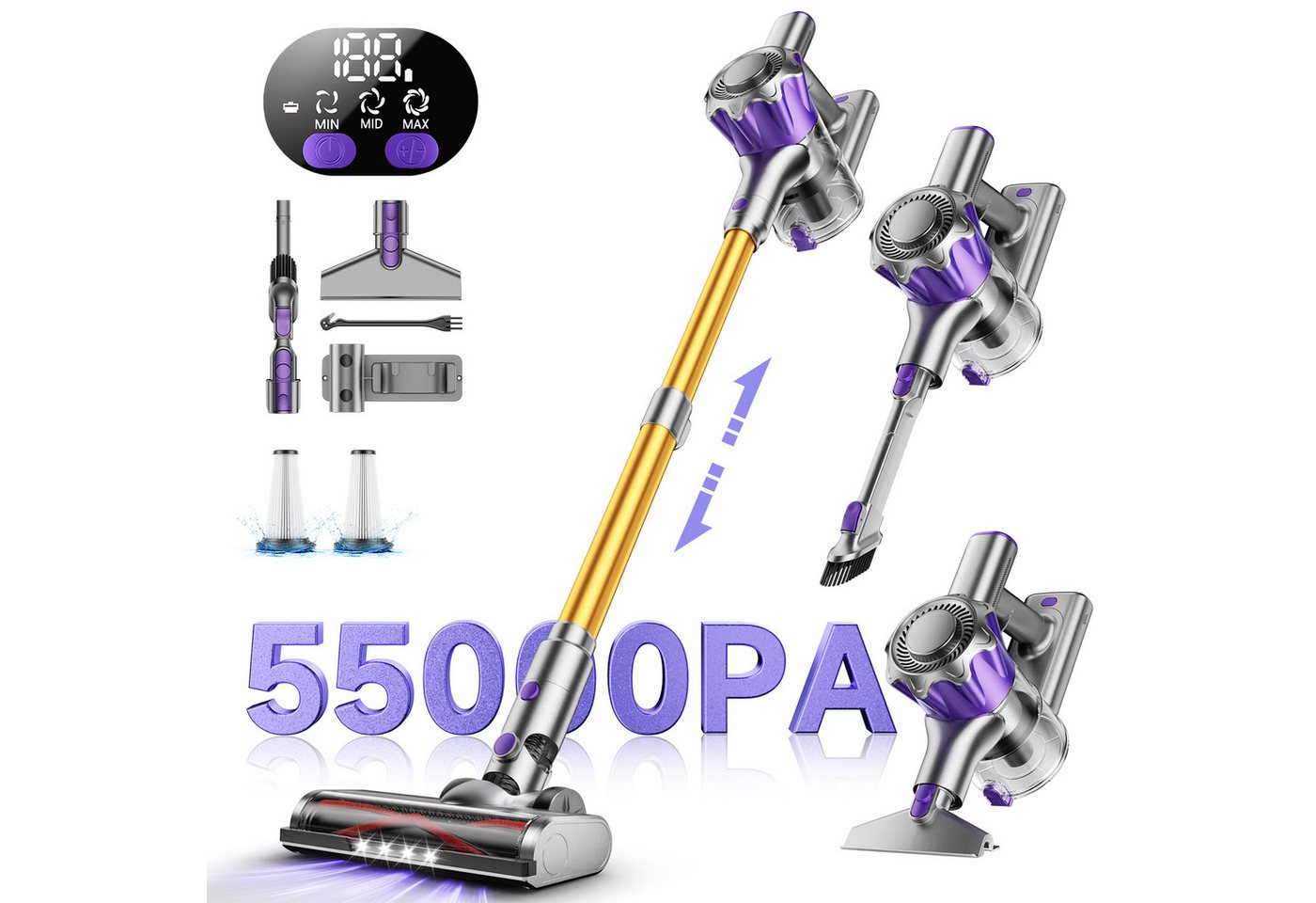 AeroAxis Akku-Stielstaubsauger 55000Pa Akku Staubsauger 500W/ 50Min/1,5L/3 in 1 Staubsauger Kabellos, Anti-Tangle Bodenbürste, Staubsauger für Tierhaare,Teppich, Hartboden