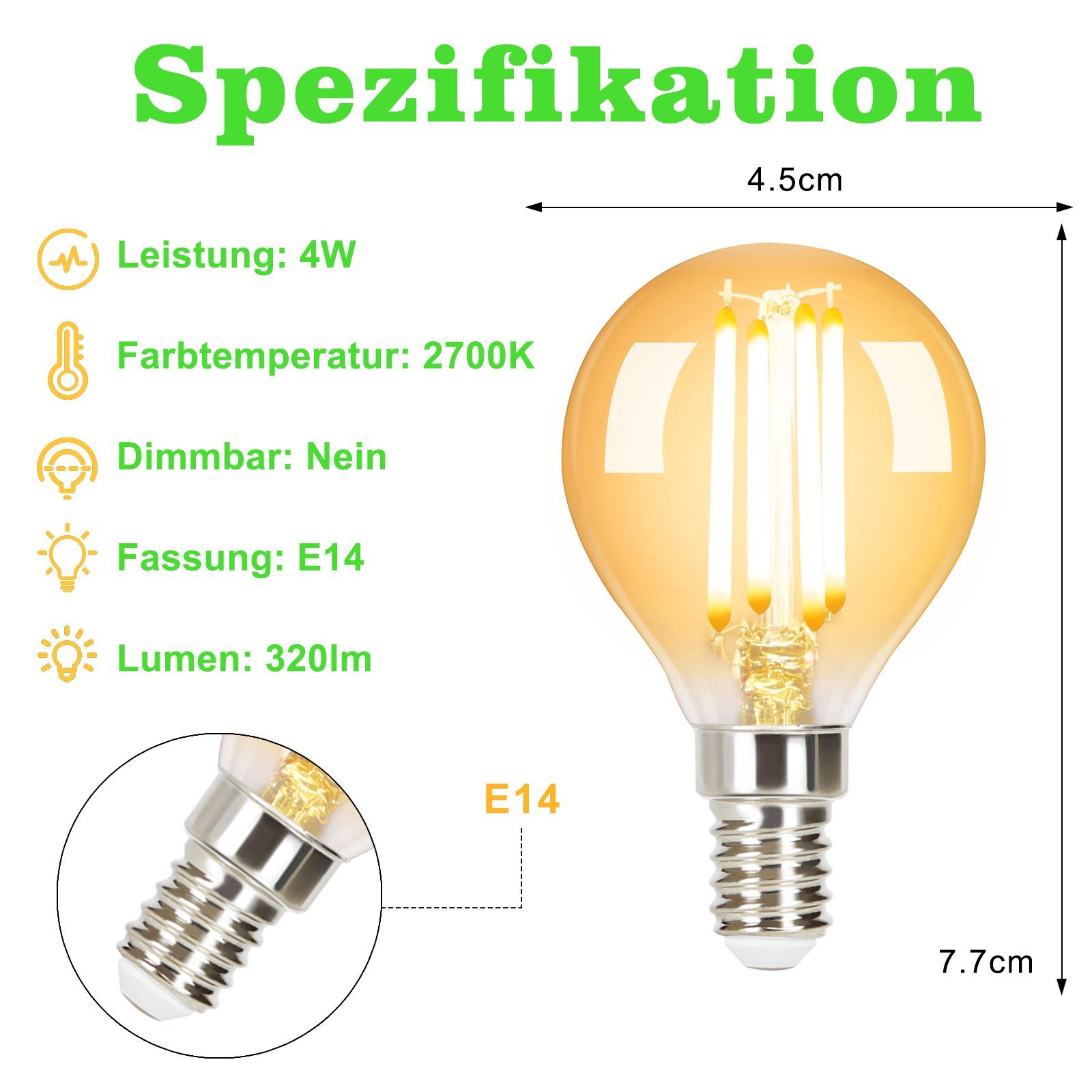- E14//E27, Edison Glas warmweiß, Filament LED-Leuchtmittel Retro Energiesparlampe E14, 6 Glühbirne 2700K ZMH G45 Vintage Birne St., LED