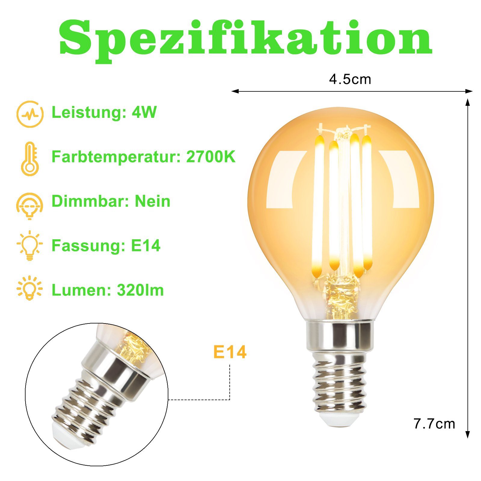 ZMH LED-Leuchtmittel E14 Warmweiß Licht 2700K 4W G45 Glühbirnen Vintage Birnen für Lampen, E14, 6 St., warmweiß, nicht dimmbar – Bild 3 von 5
