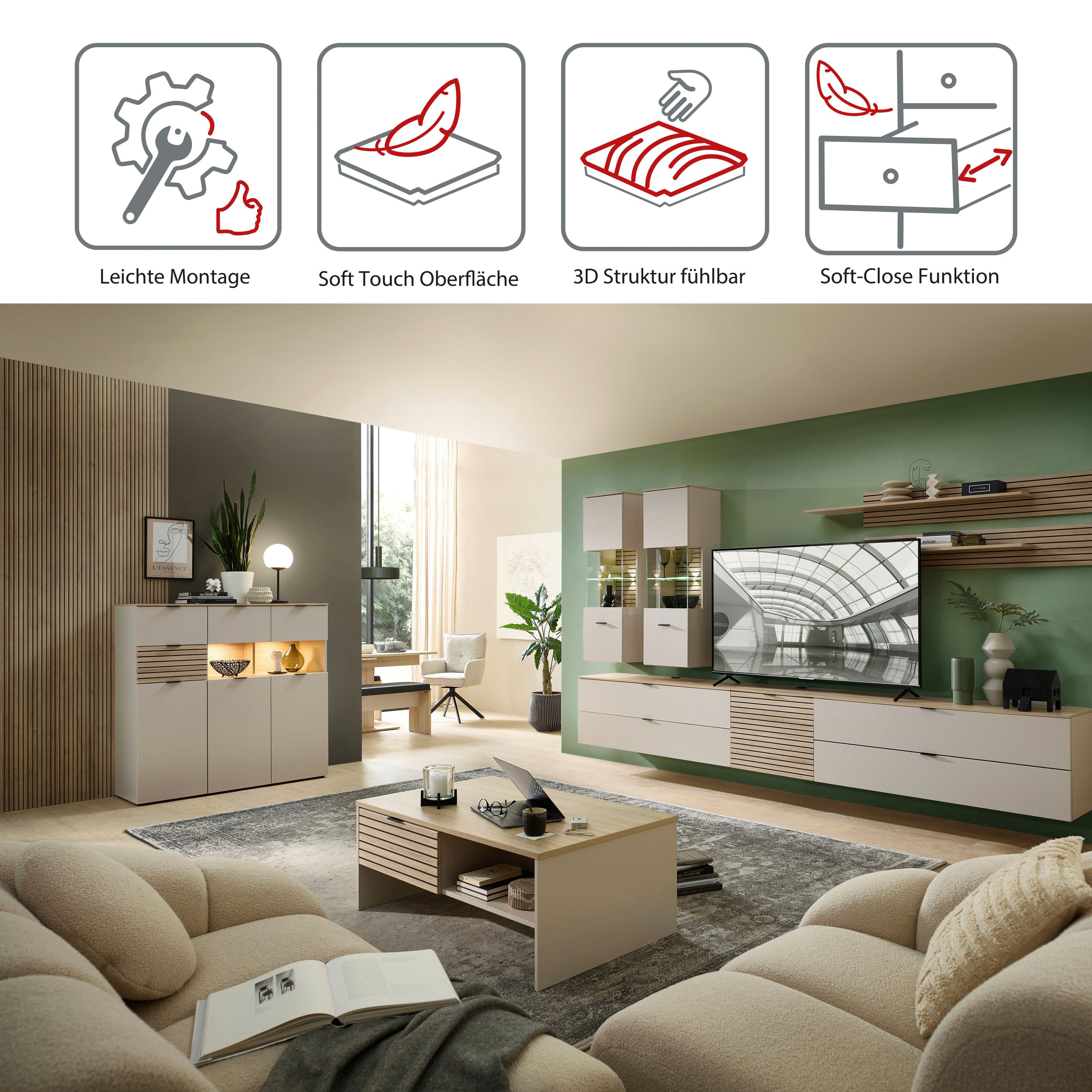 Innostyle Highboard INA (1 St), 3 türig, 4 Schubladen, inkl. Beleuchtung, Softclose