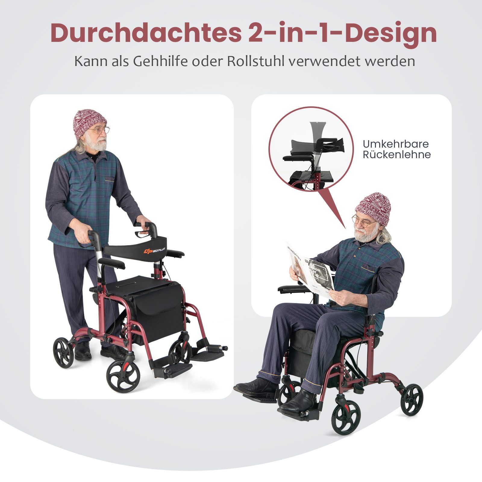 COSTWAY Rollator, Faltbar und leicht mit Sitz, 6-fach höhenverstellbar