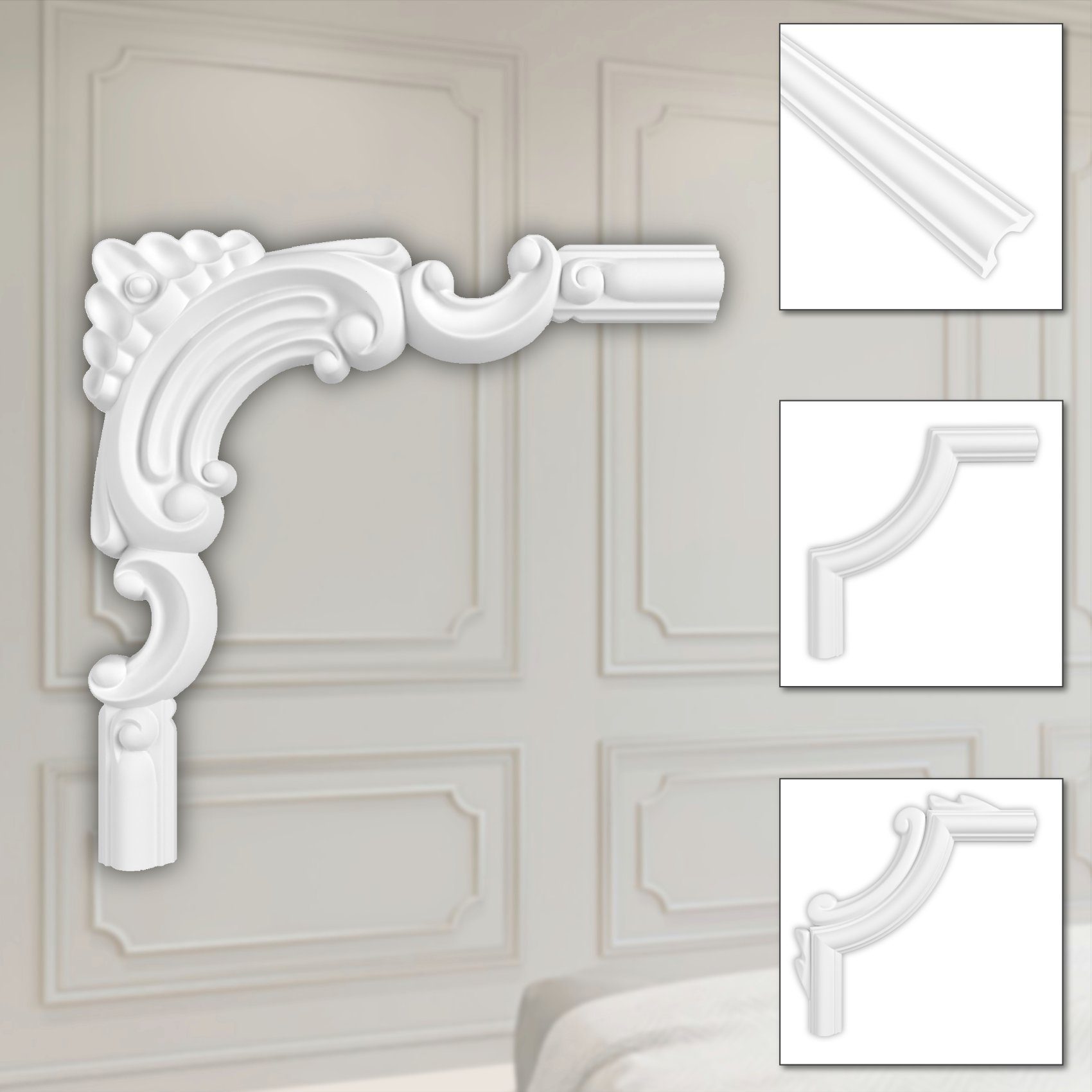 Hexim Zierleiste HCR516-3, 2 Ecken, HEXIM Eckstück aus PU-Polyurethane - extrem widerstandsfähig, schneeweiß & modern (2 Stück HCR516-3) Wandleiste Abschlussleiste Fries Stuckleiste Renovierung HDPS HCR516-3 - 195 x 195 mm