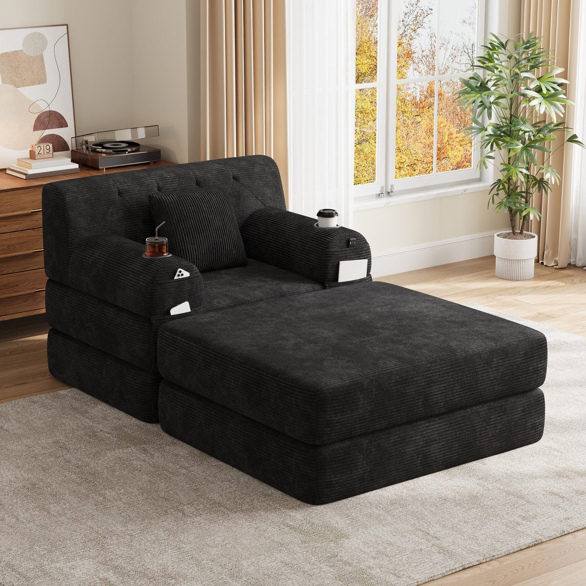 Odikalo Sofa Schlafsofa mit Schlaffunktion hoher Rückenlehne & Metallrahmen, Cord, komprimiertes Cord Sofa, hochdichtem Schaumstoff, 2 Getränkehaltern und 4 Seitentaschen, geeignet für Wohnzimmer und kleine Räume