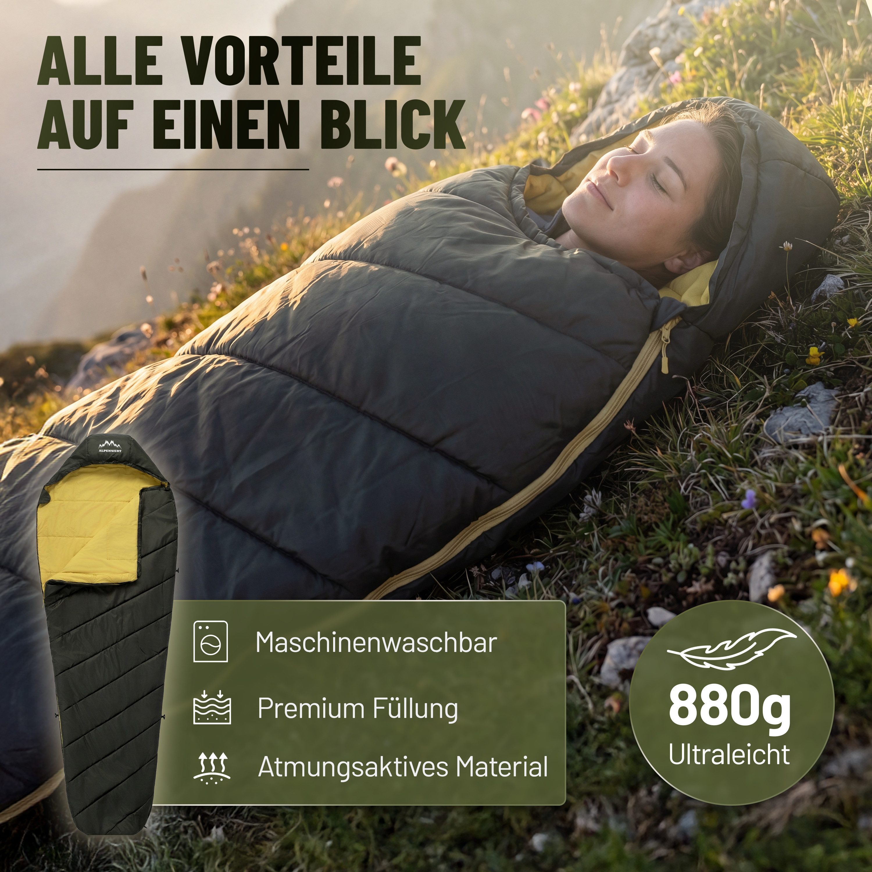 Alpenwert Mumienschlafsack Ultraleicht & kompakt, wasserabweisend, atmungsaktiv Camping & Outdoor, Sommerschlafsack, 2 Wege Reißverschluss, wattiert