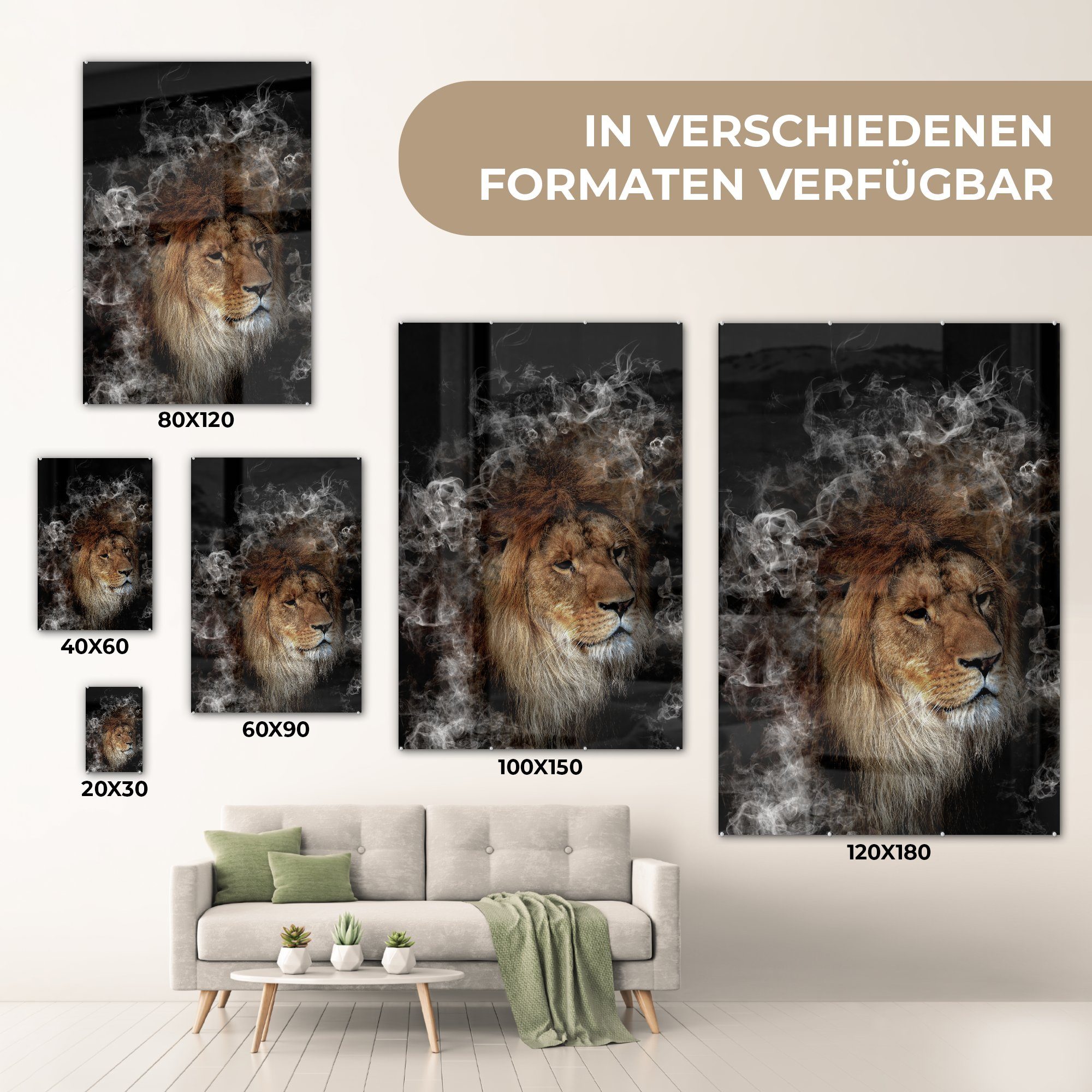 - MuchoWow Glas - - - auf Foto St), Löwe (1 - auf Glas Acrylglasbild Wandbild Glasbilder Rauch Wanddekoration Abstrakt, Bilder