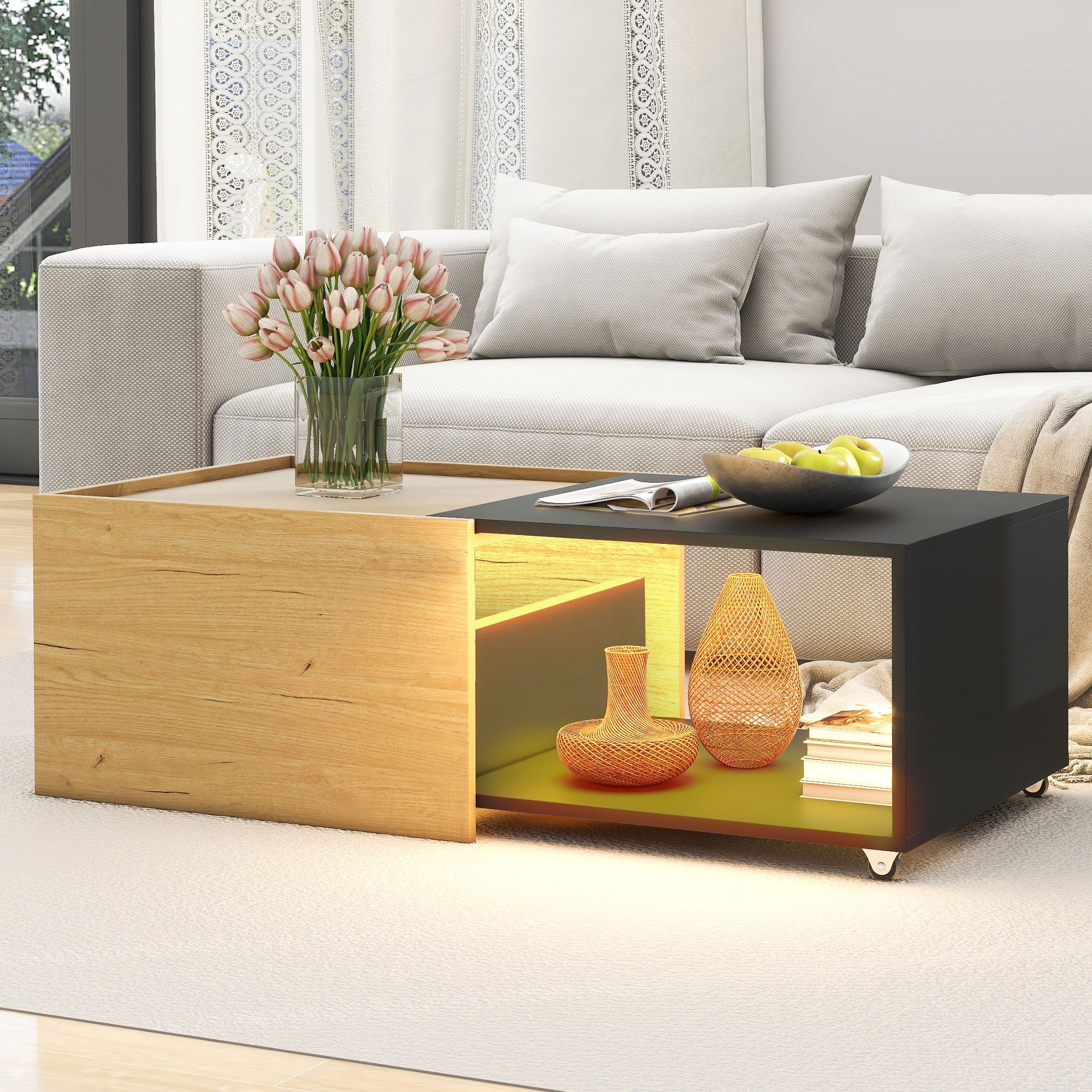 Merax Couchtisch ausziehbar mit LED-Beleuchtung inkl. Fernbedienung,  Wohnzimmertisch in Patchwork-Design mit Rollen, Beistelltisch Holz