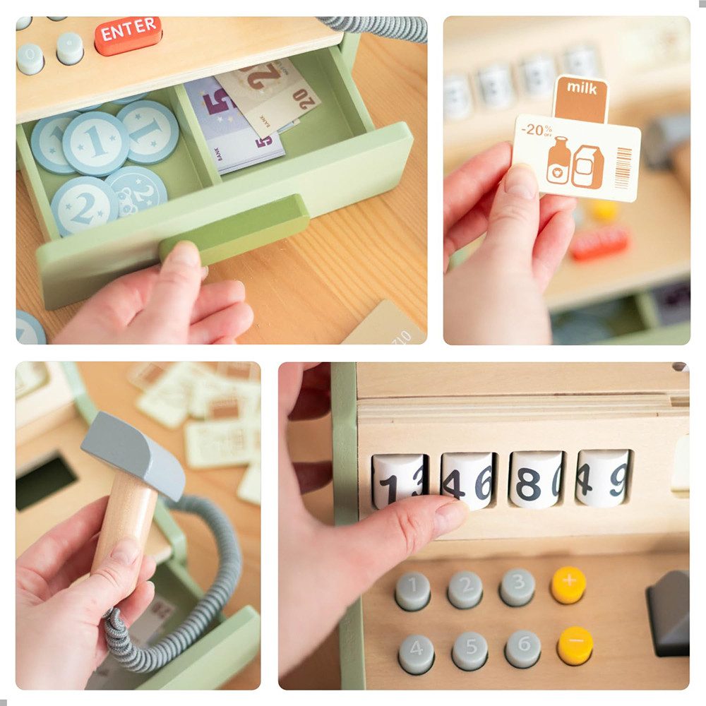 Zaewry Lernspielzeug Holz-Kasse für Kinder, Spielkasse,Spielkasse Kinderkasse mit Scanner (35-St), Rollenspiel-Geschenk für Jungen und Mädchen von 3, 4, 5 Jahren