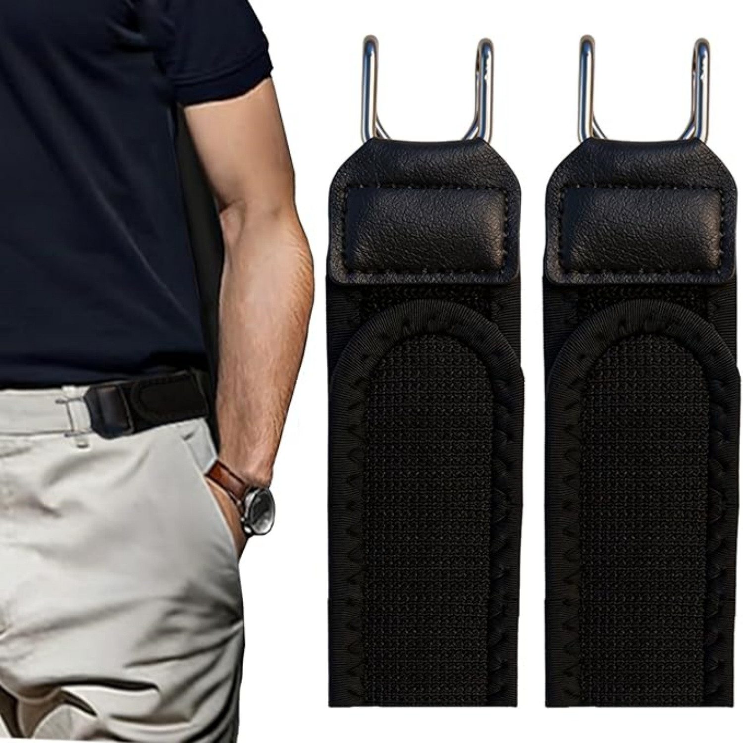 ibettertec Ledergürtel Gürtel Ohne Schnalle, Elastischer Schnallenloser Gürtel Herren & Damen (Verstellbar mit Klettverschluss, Komfortabel und Einfach zu Bedienen) Buckle Less Belt mit Metallhaken,Schwarz