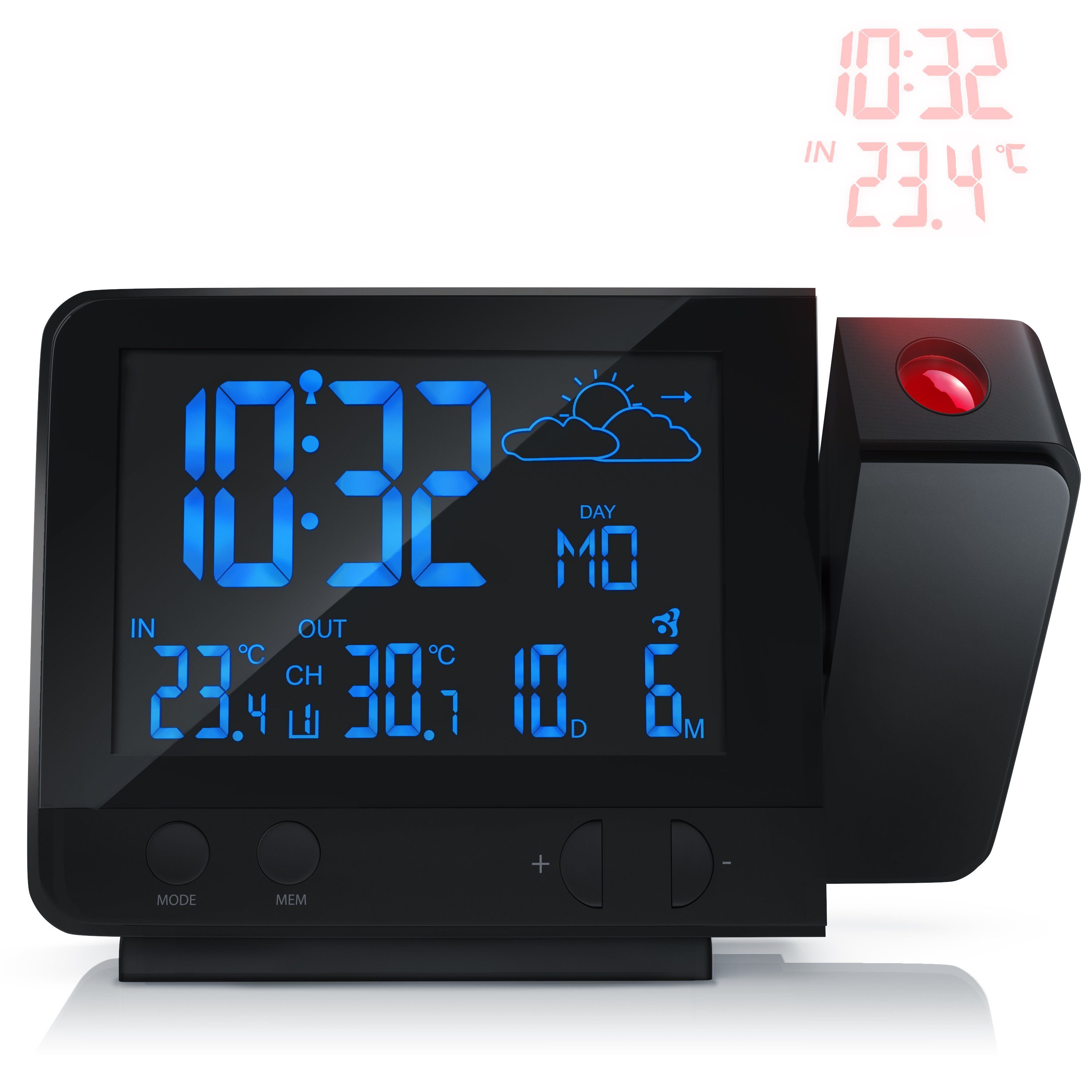 BEARWARE mit Projektion und Außensensor, Funkwetterstation, DCF-Funkuhr Wetterstation (Netzteil, Außensensor, Bedienungsanleitung, Wettervorhersage, USB-Ladefunktion, 8-farb. RGB Hintergrundbeleuchtung)