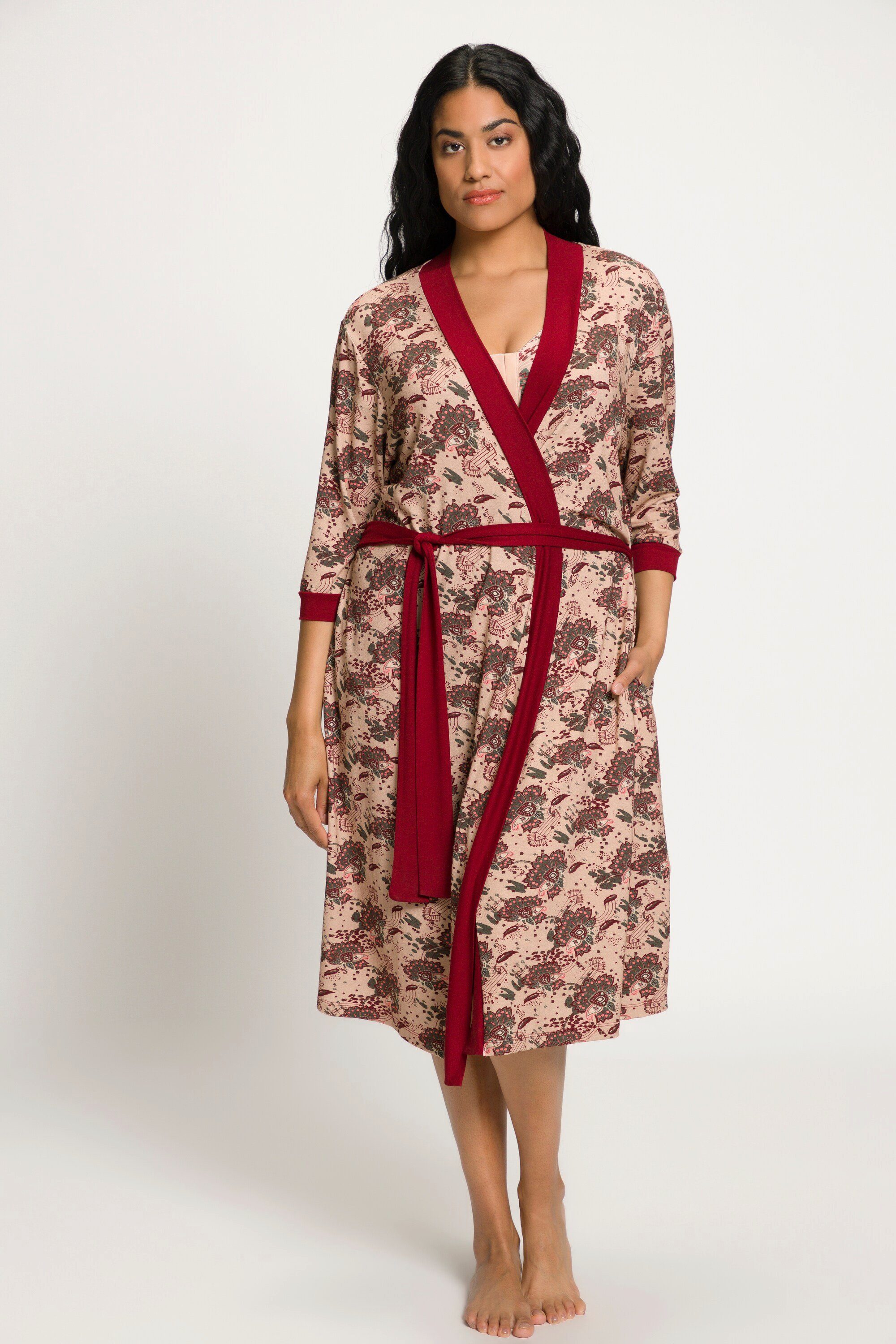 offene Langarm, ca. Materialmix Kimono Ulla Form Oberschenkel, gemustert Schalkragen Kimono Mitte Popken