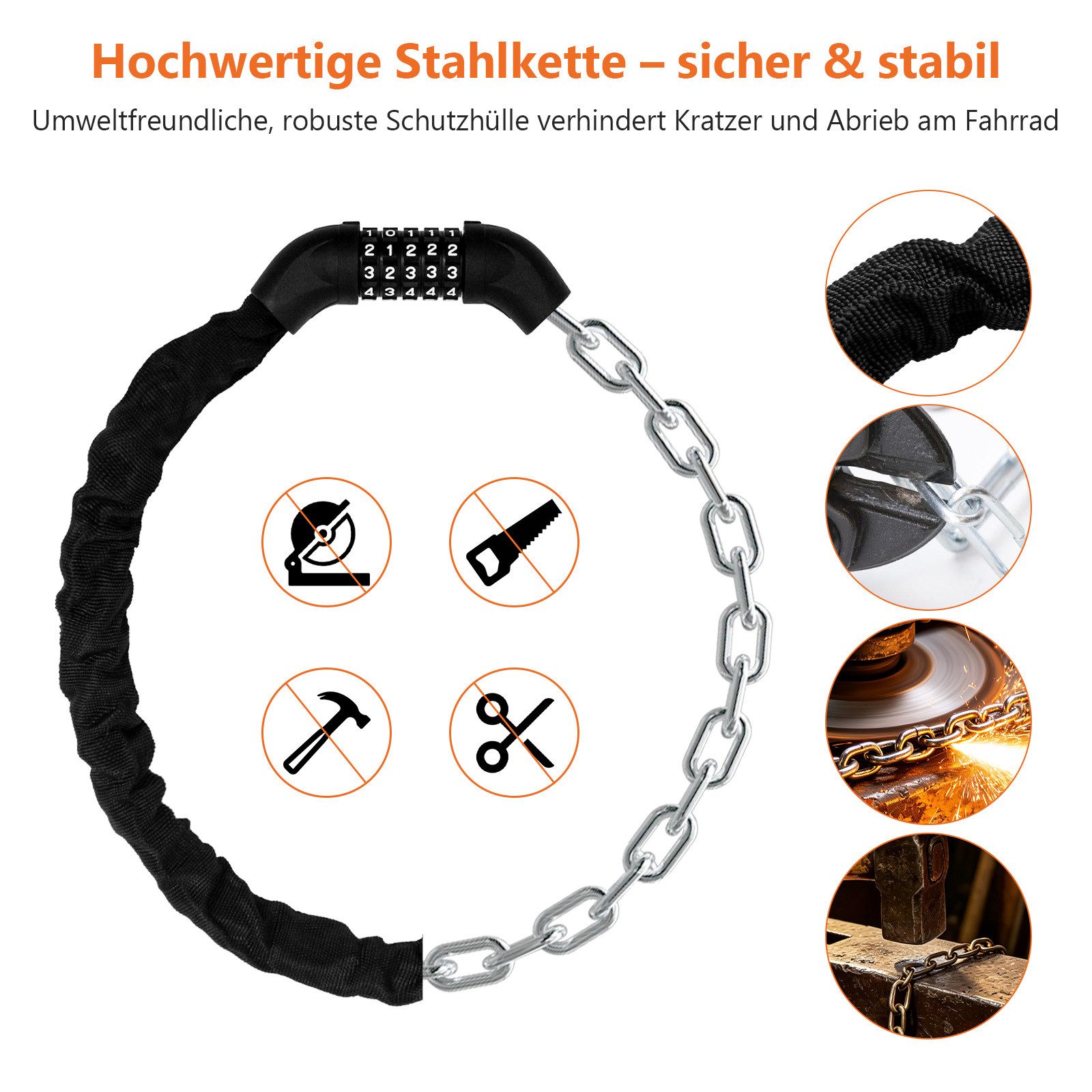 SunJas Kettenschloss OB001 1/2er Zahlenkettenschloss Zahlenschloss Fahrrad 5-stellig (Zahlenschloss-Kettenschloss, 2-tlg., Vierkant-Kette aus 6 mm starkem Stahl), Zahlenkettenschloss Fahrradschloss Fahrrad Kettenschloss