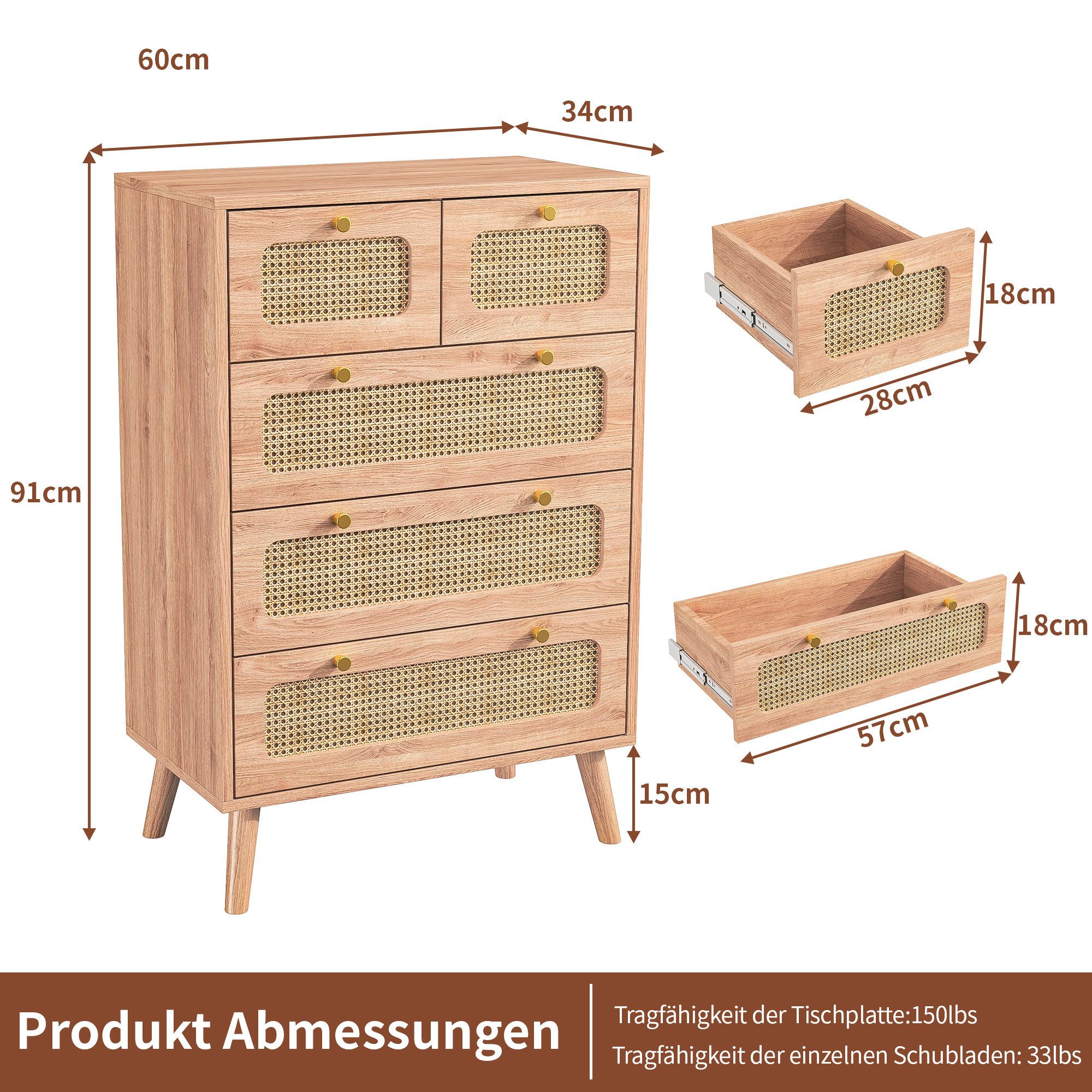 FUROKOY Sideboard Rattan Kommode aus Holz für Schlafzimmer Wohnzimmer Flur, Schubkastenkommode mit 5 Schubladen, Landhaus, 60x34x91 cm