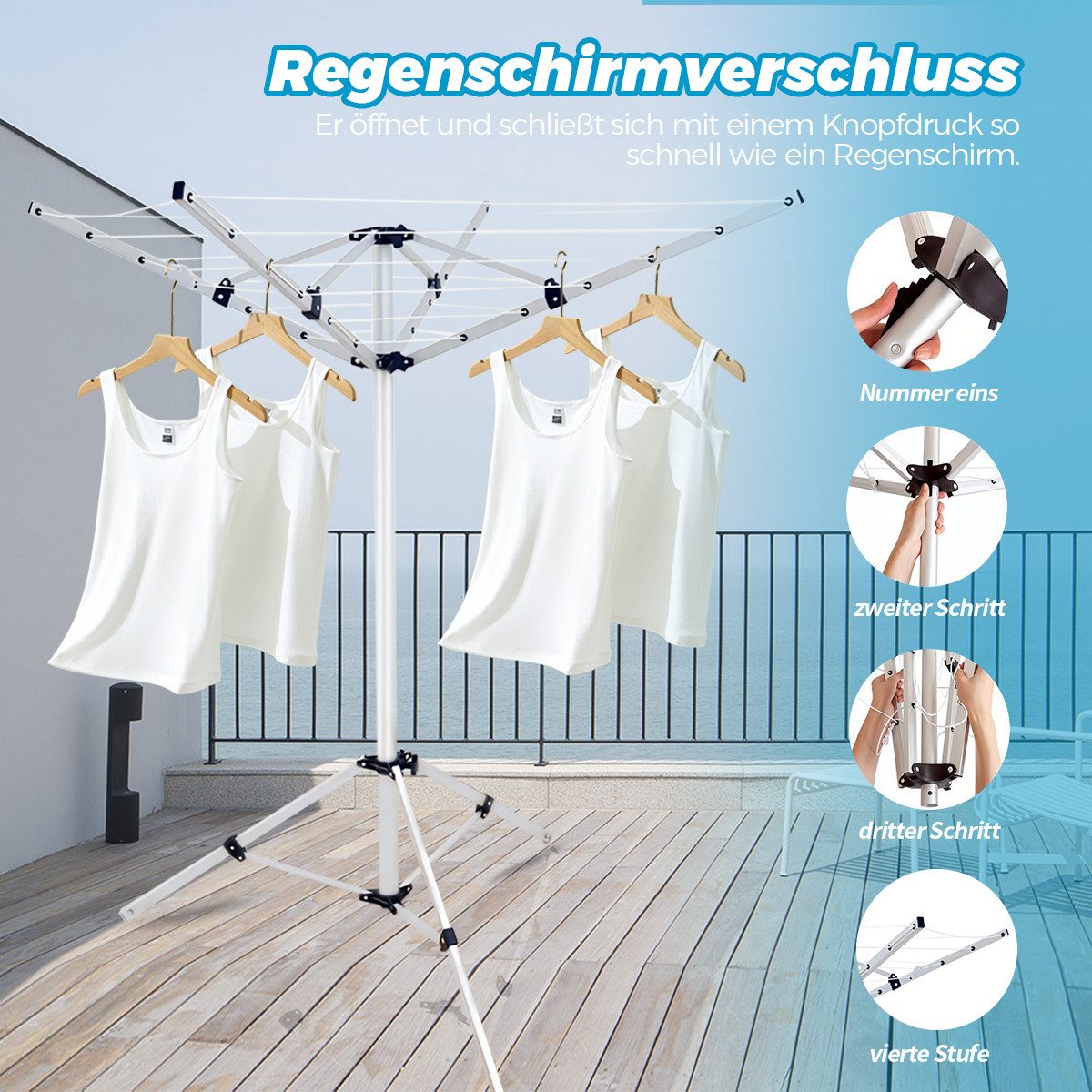 PFCTART Kleiderständer Faltbare Wäschespinne mit 15 m Leinenlänge, (Set, 1 St., Für Camping, Balkon & Garten – wäscheständer klein, ausziehbar), Leichtes Alumin – Bild 4 von 5