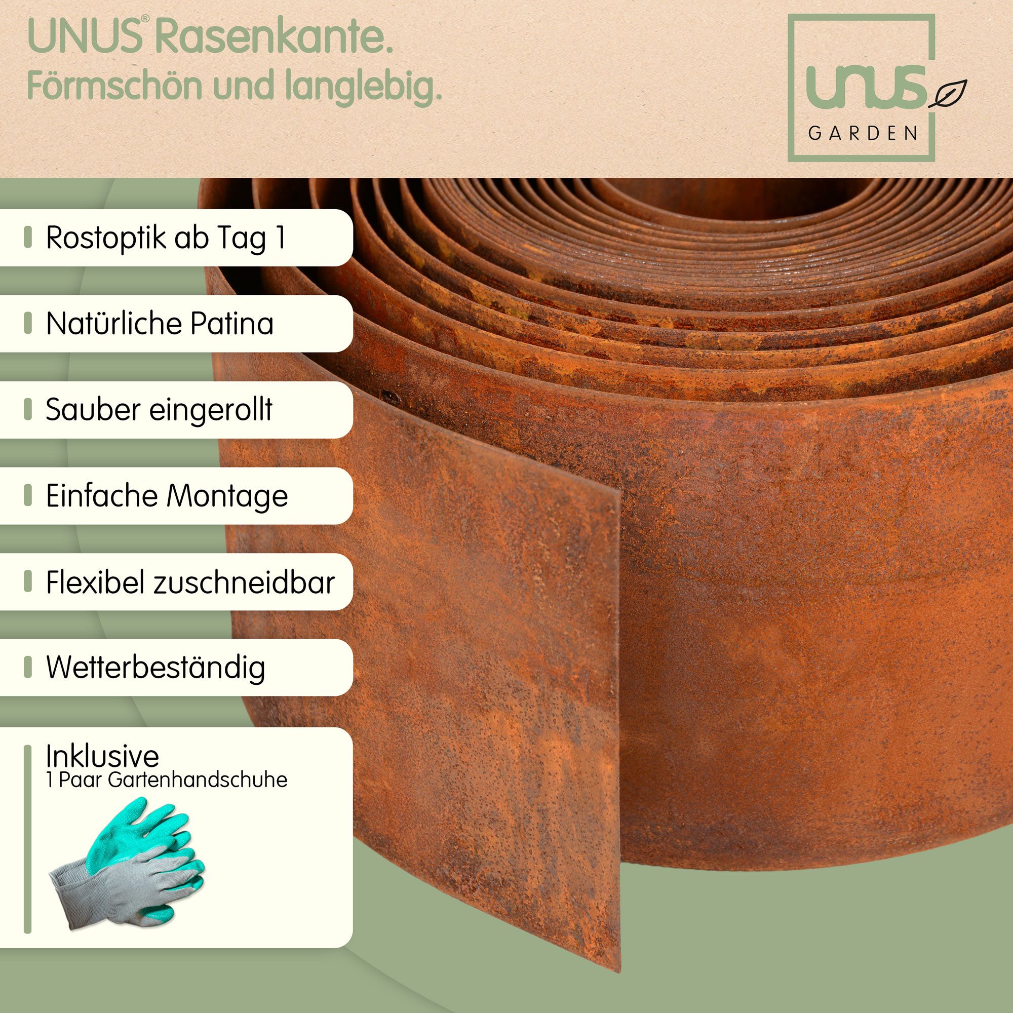 UNUS GARDEN Rasenkante Rasenkante aus glattem Cortenstahl 500x20 cm, LxH: 500x14 cm, inklusive Handschuhe, Mähkante, Beetumrandung, Rasenkante 5 Meter, robust
