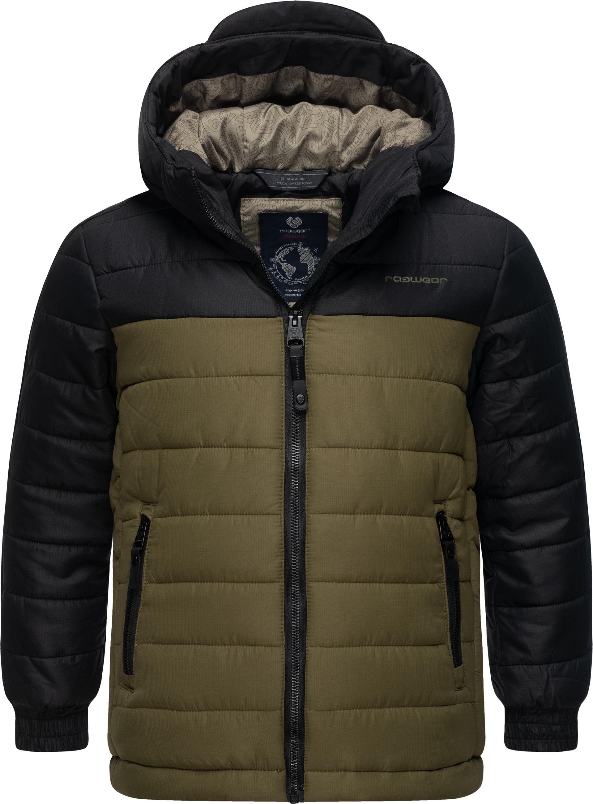 [Sonderangebot] schwarz Winter Winterjacke mit Ragwear Blocks Jungen Steppjacke Kapuze Coolio