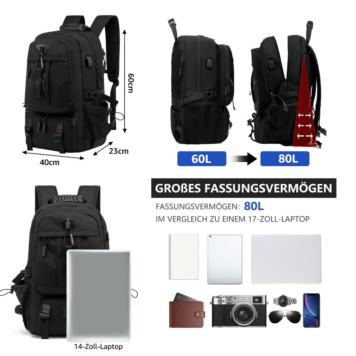 NULSTA Laptoprucksack Rucksack Handgepäck Groß Erweiterbarer für Laptop 15, günstig online kaufen