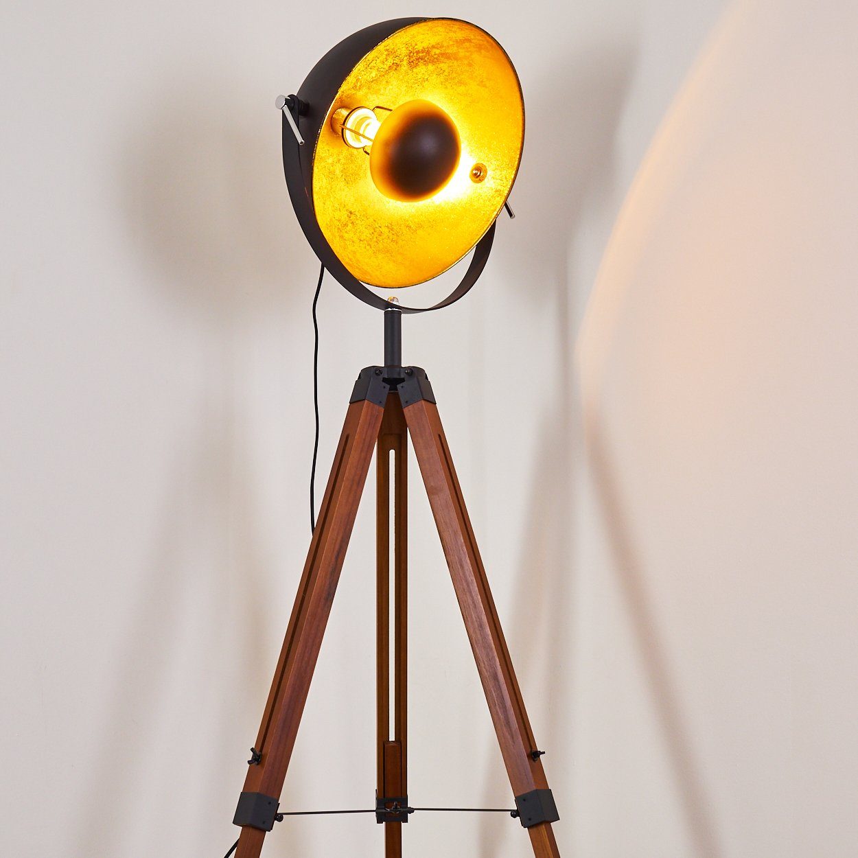 hofstein Stehlampe »Ghedi« Vintage Stehleuchte in Schwarz/Gold aus Metall, ohne Leuchtmittel, Gestell Holz in Weiß, Ø45cm, E27, verstellbare Bodenleuchte