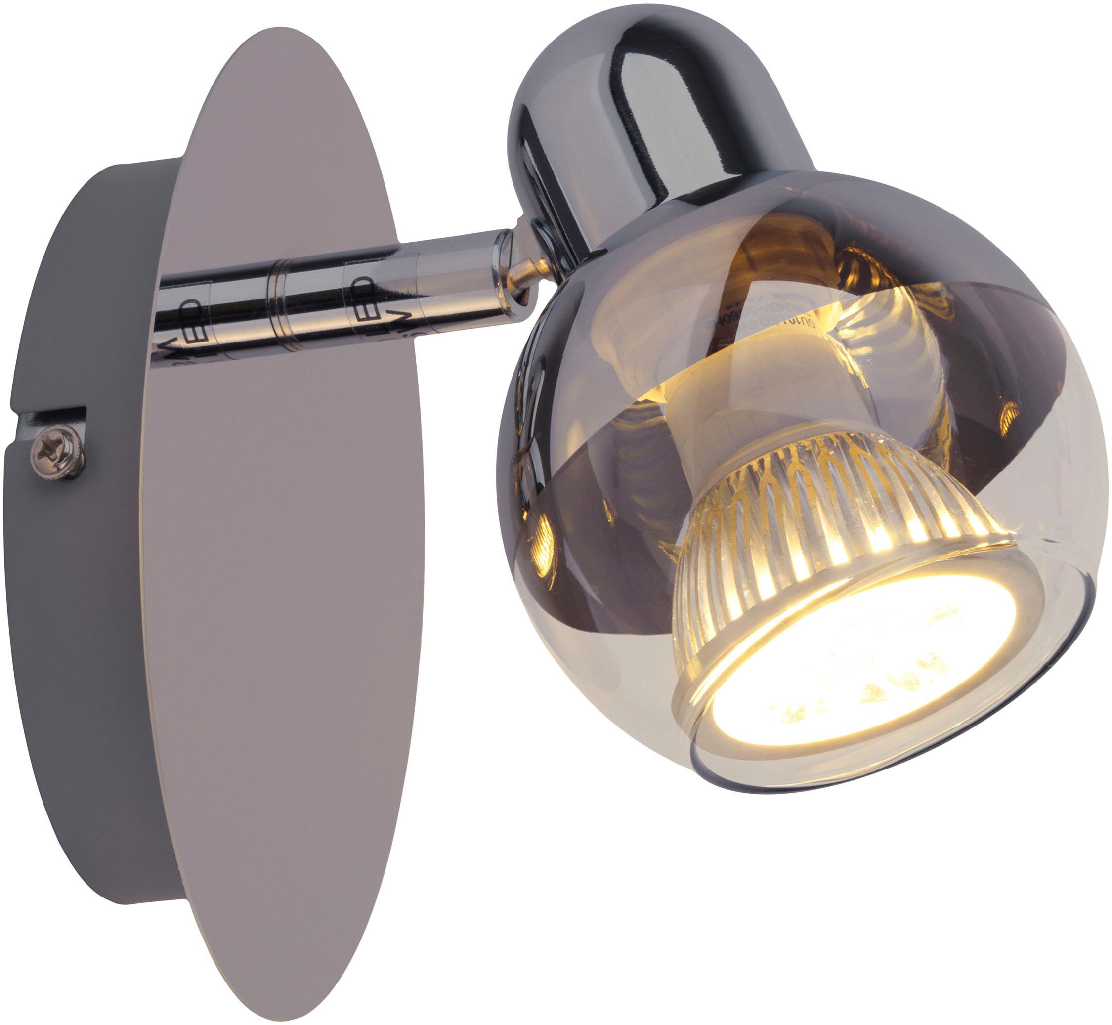 näve Wandstrahler Boccia, LED wechselbar, Warmweiß, 1flg. incl. LED GU10 6W, chrom, Glasschirm, verstellbarer Spot, D:14cm