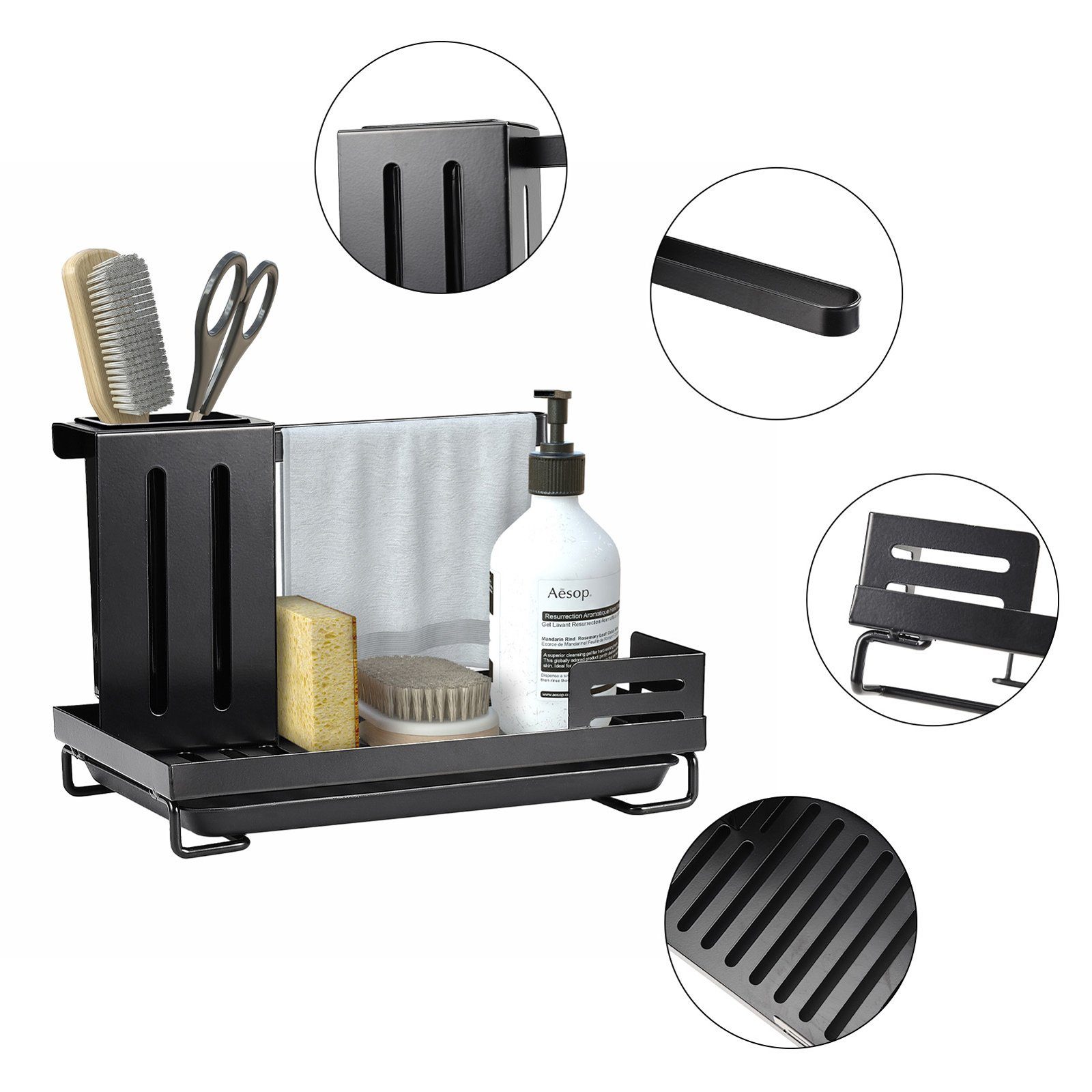 SEEZSSA Küchenorganizer-Set abnehmbarer Bürstenhalter Abtropfschale, aus Essstäbchen und Abtropfgestell, mit Handtuchhalter Kohlenstoffstahl,Schwarz