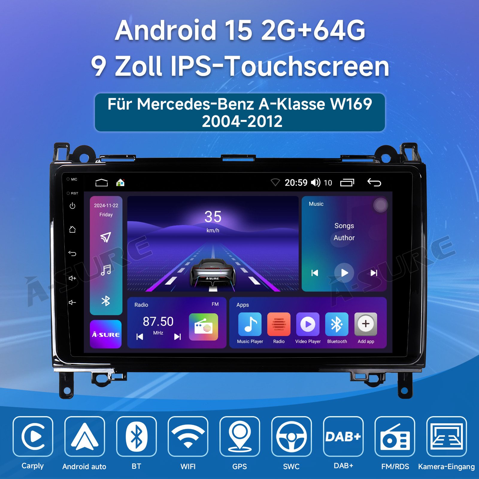A-Sure Android 15 Carplay Für Mercedes-Benz A/B KlasseW169 W639 W245 W906 Autoradio (Digitalradio (DAB), FM, AM, 1280*800 IPS Screen)