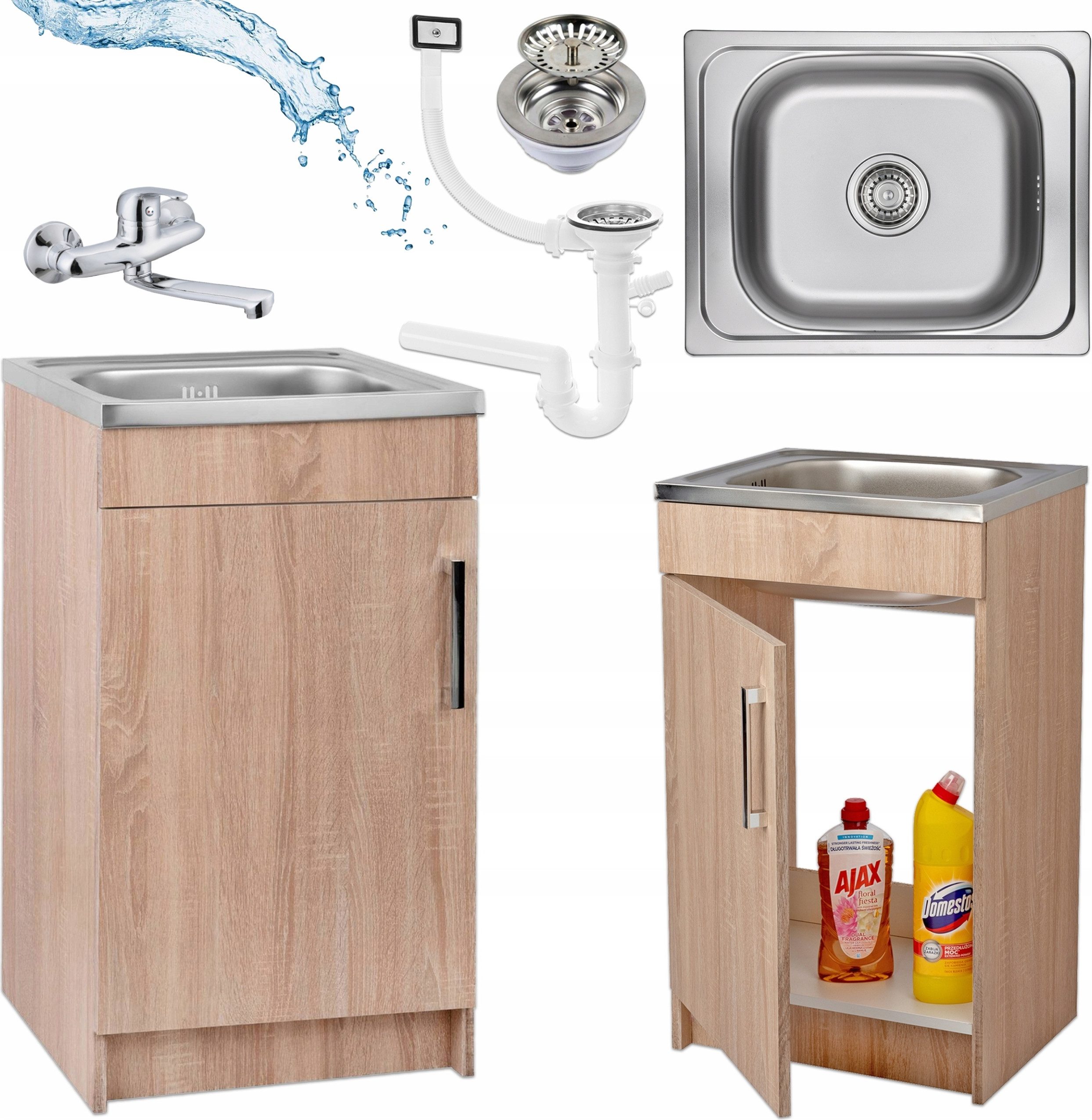 STAMAR Spülenschrank Küchenschrank 50cm Sonoma Spüle 50x40 Wandarmatur Chrom Komplett Set Standschrank 40cm Tiefe Siphon Geschirrspüler Platzsparend Kompakt