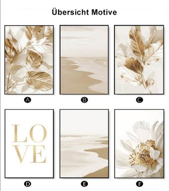 TPFLiving Kunstdruck (OHNE RAHMEN) Poster - Leinwand - Wandbild, Blumen, Blätter, Strand und Meer - (Wanddeko Wohnzimmer), Farben: Beige und Gold - Größe: 40x60cm